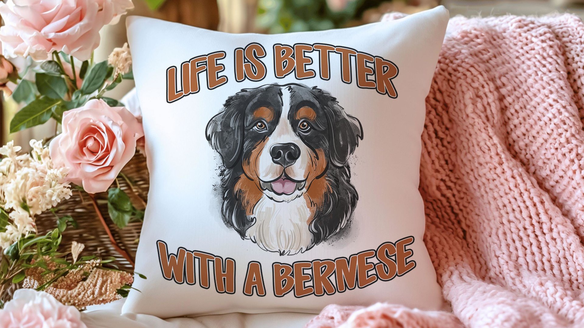 life is better with dogs Bernese mountain dog throw pillow for couch, Bernese mountain dog gifts for her, Berner Sennenhund cute dog lover