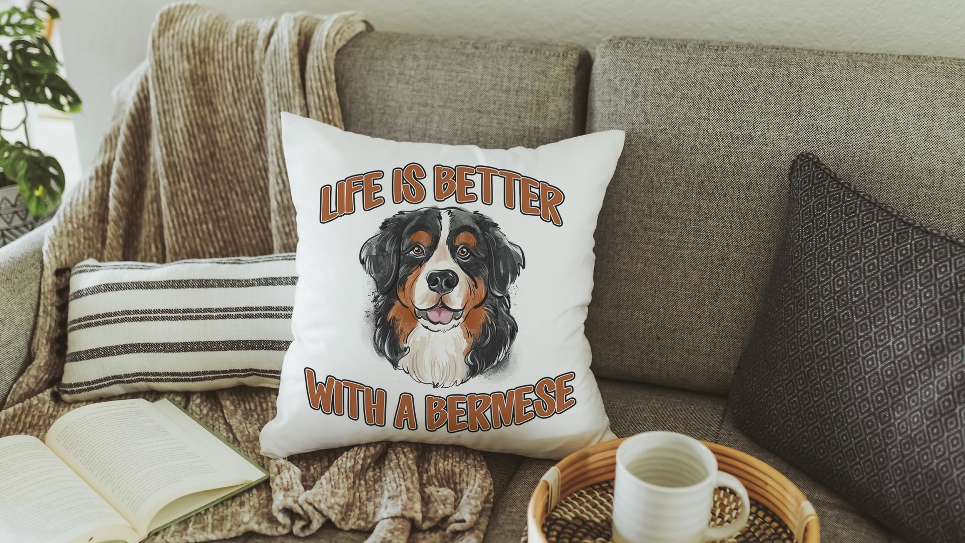 life is better with dogs Bernese mountain dog throw pillow for couch, Bernese mountain dog gifts for her, Berner Sennenhund cute dog lover