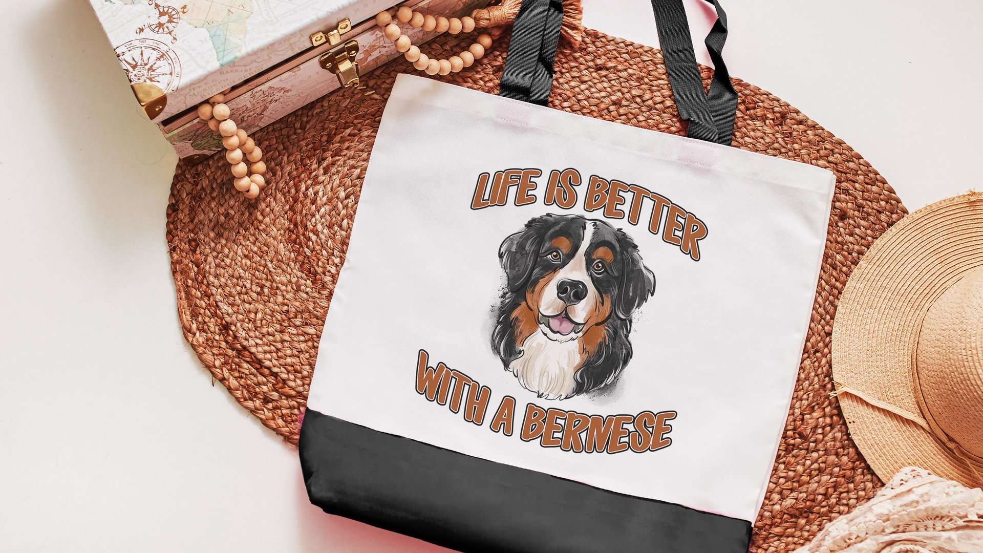 life is better with a dog bernese mountain dog tote bag for dog lover, bernese dog mom dog walking bag for women, cute dog gifts beach bag