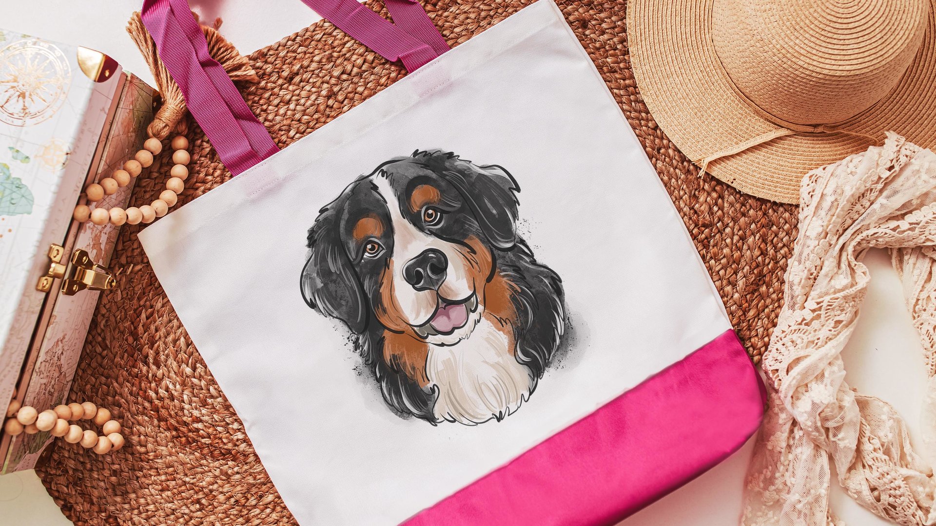 bernese mountain dog tote bag for dog lover, berner mama dog walking bag for women, cute dog gifts beach bag for friends, dog mom tote bag