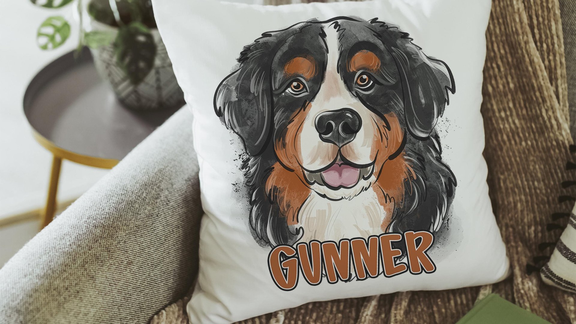 Personalized bernese mountain dog name throw pillows for sofa, bernese kitchen towels, dog lover gift for women, berney decor, cute dog gift