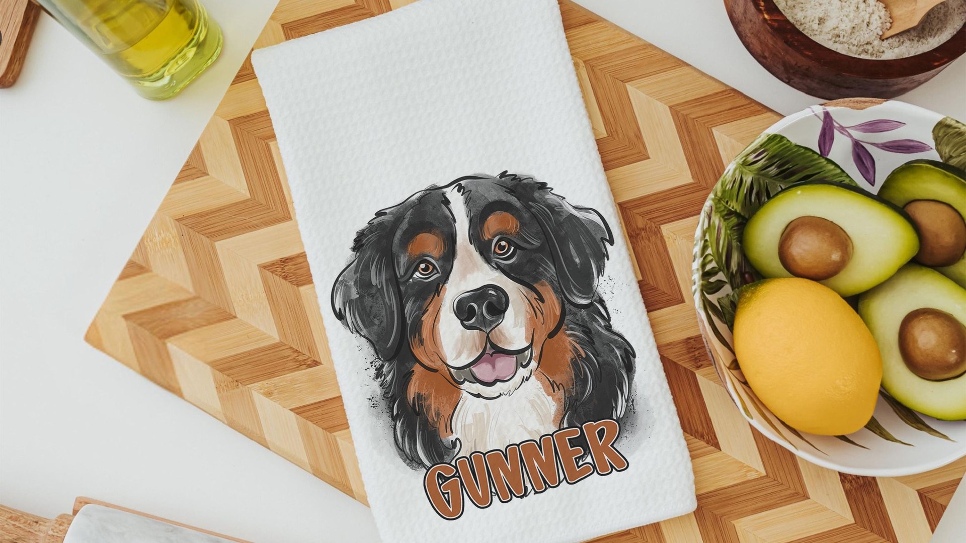 Personalized bernese mountain dog name throw pillows for sofa, bernese kitchen towels, dog lover gift for women, berney decor, cute dog gift