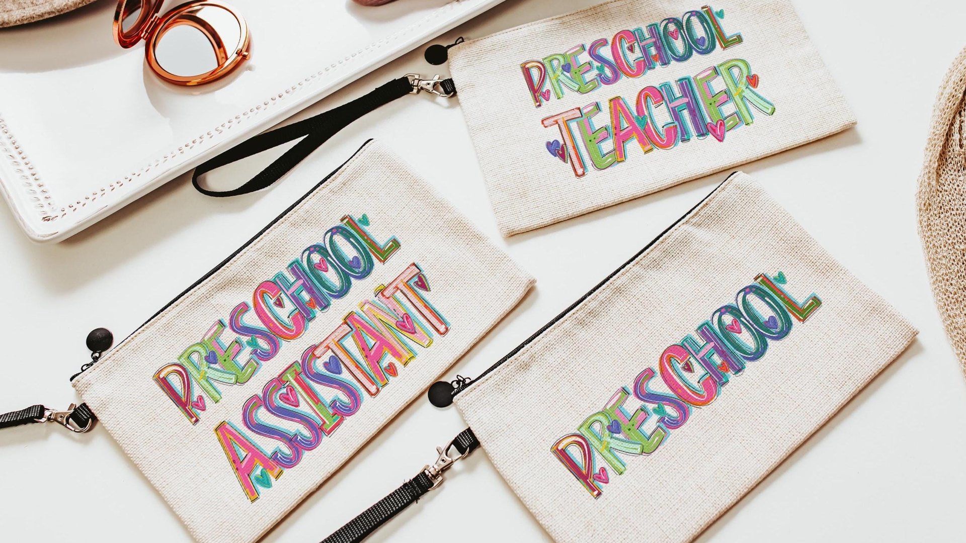 colorful teach pencil pouch cute teacher wristlet bag with strap, kindergarten teacher gifts from coworkers, school supplies, preschool