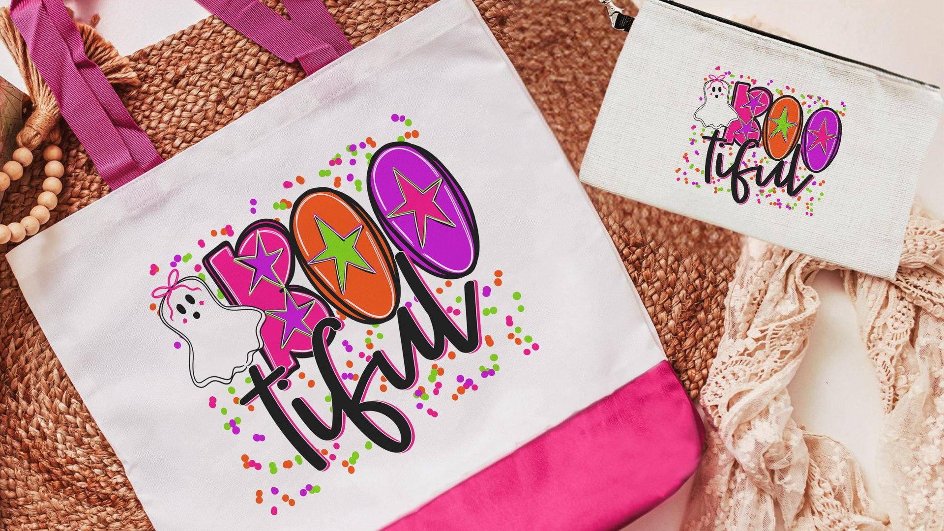 boo tiful trick or treat bag for girls, neon Halloween tote bag for teachers, boo basket stuffers for teenage girls, cute ghost makeup bag