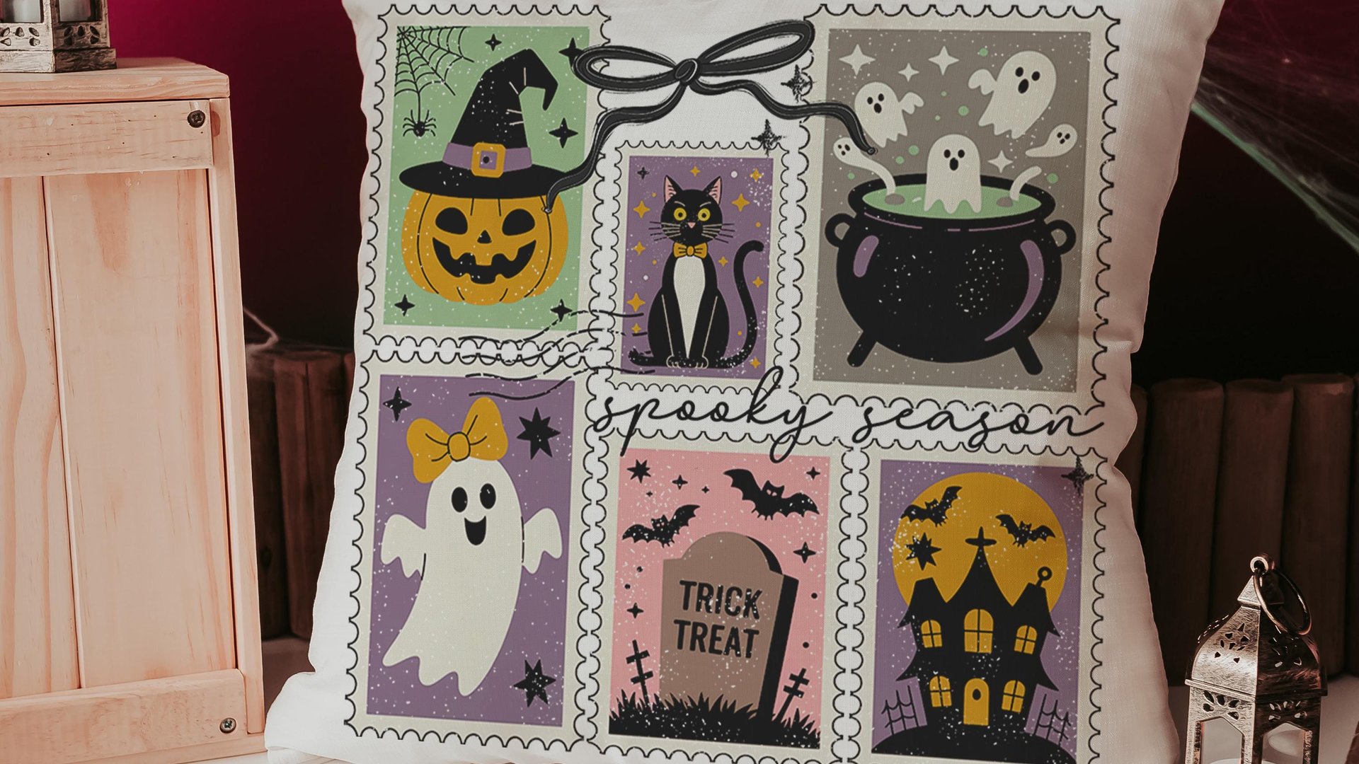 spooky cute Halloween coquette throw pillow covers 18 x 18, spooky season gift for her, boo basket stuffers for adults, black cat accent