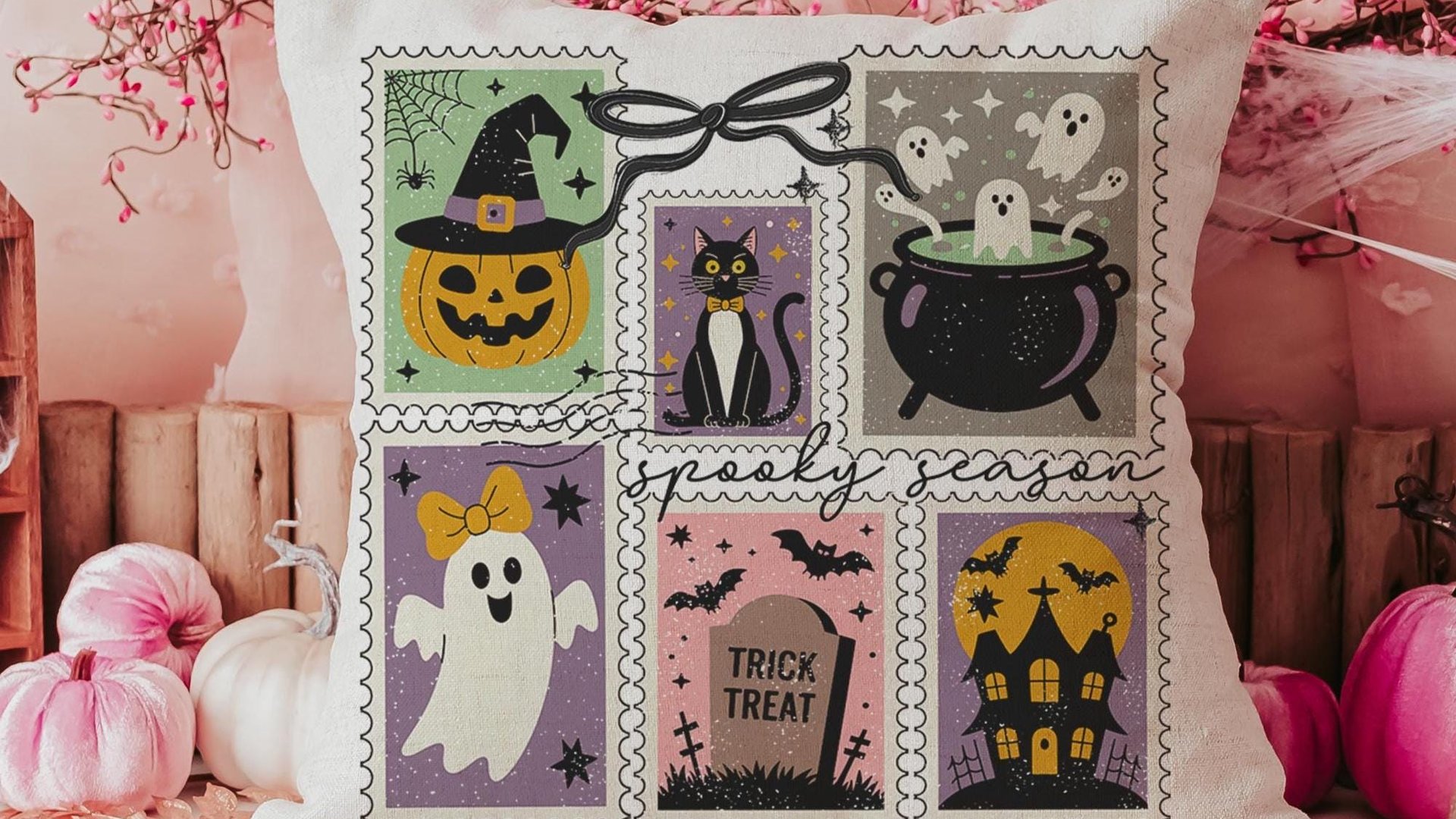 spooky cute Halloween coquette throw pillow covers 18 x 18, spooky season gift for her, boo basket stuffers for adults, black cat accent