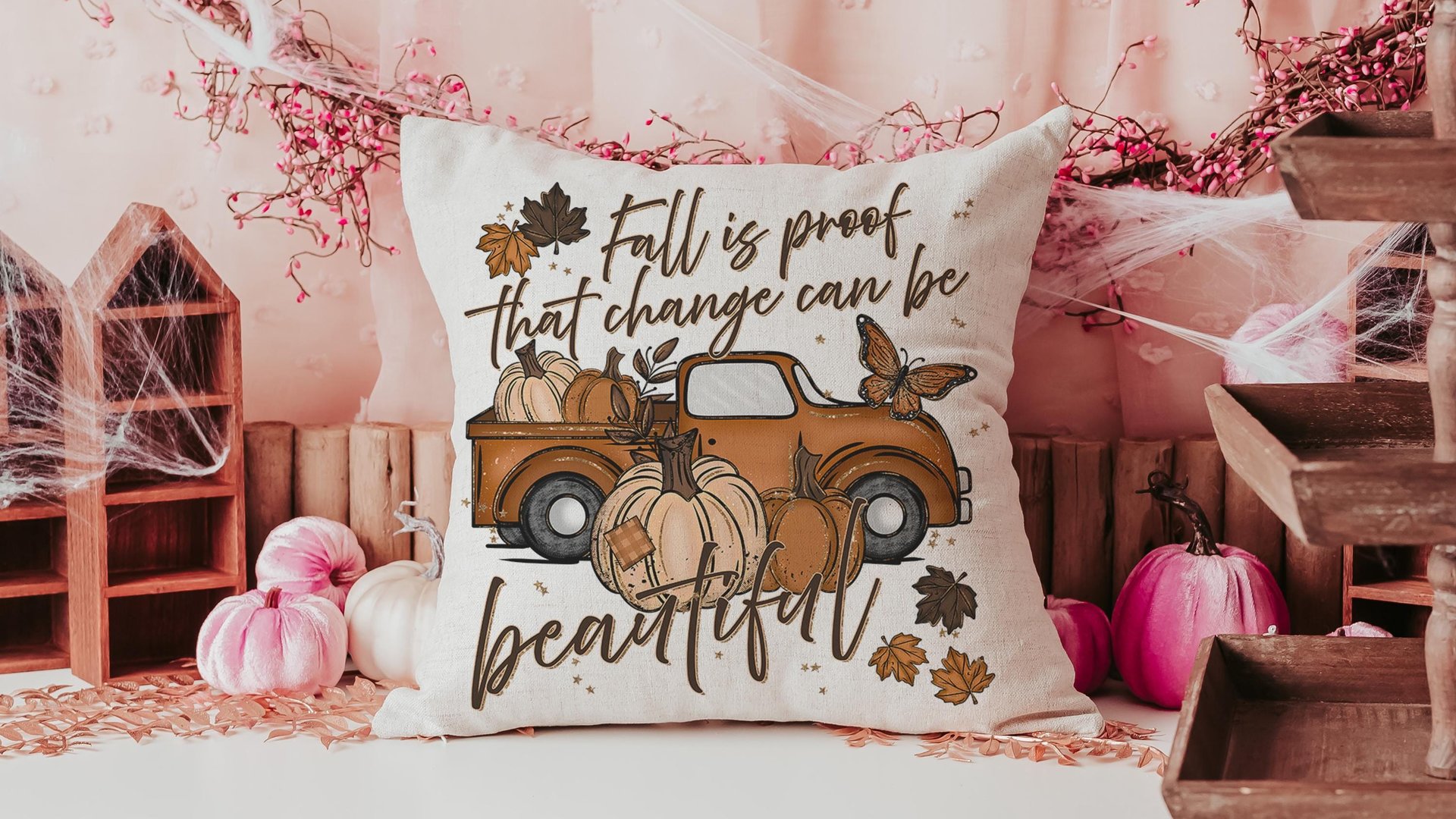 fall is proof that change is beautiful pumpkin truck decorative pillows for fall, autumn decor bedroom throw pillows for bed, fall host gift