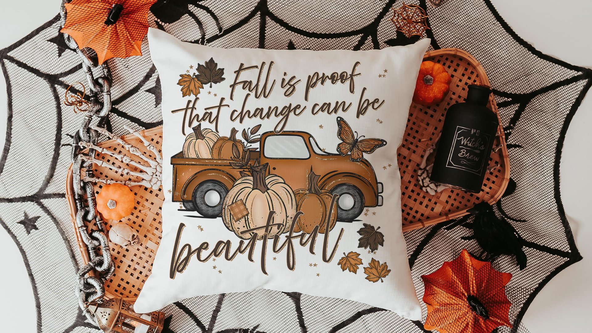 fall is proof that change is beautiful pumpkin truck decorative pillows for fall, autumn decor bedroom throw pillows for bed, fall host gift