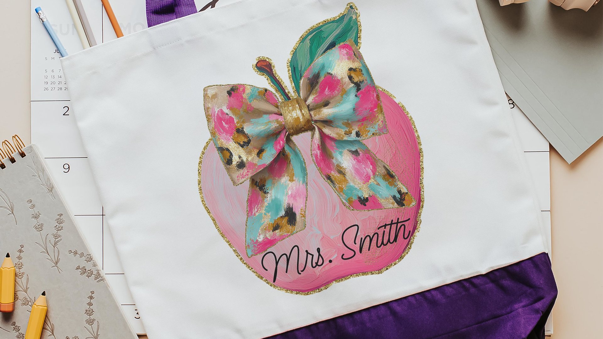 personalized watercolor apple for teacher tote bag with name, cute teacher gifts for coworkers, coquette totes for books, preschool teacher