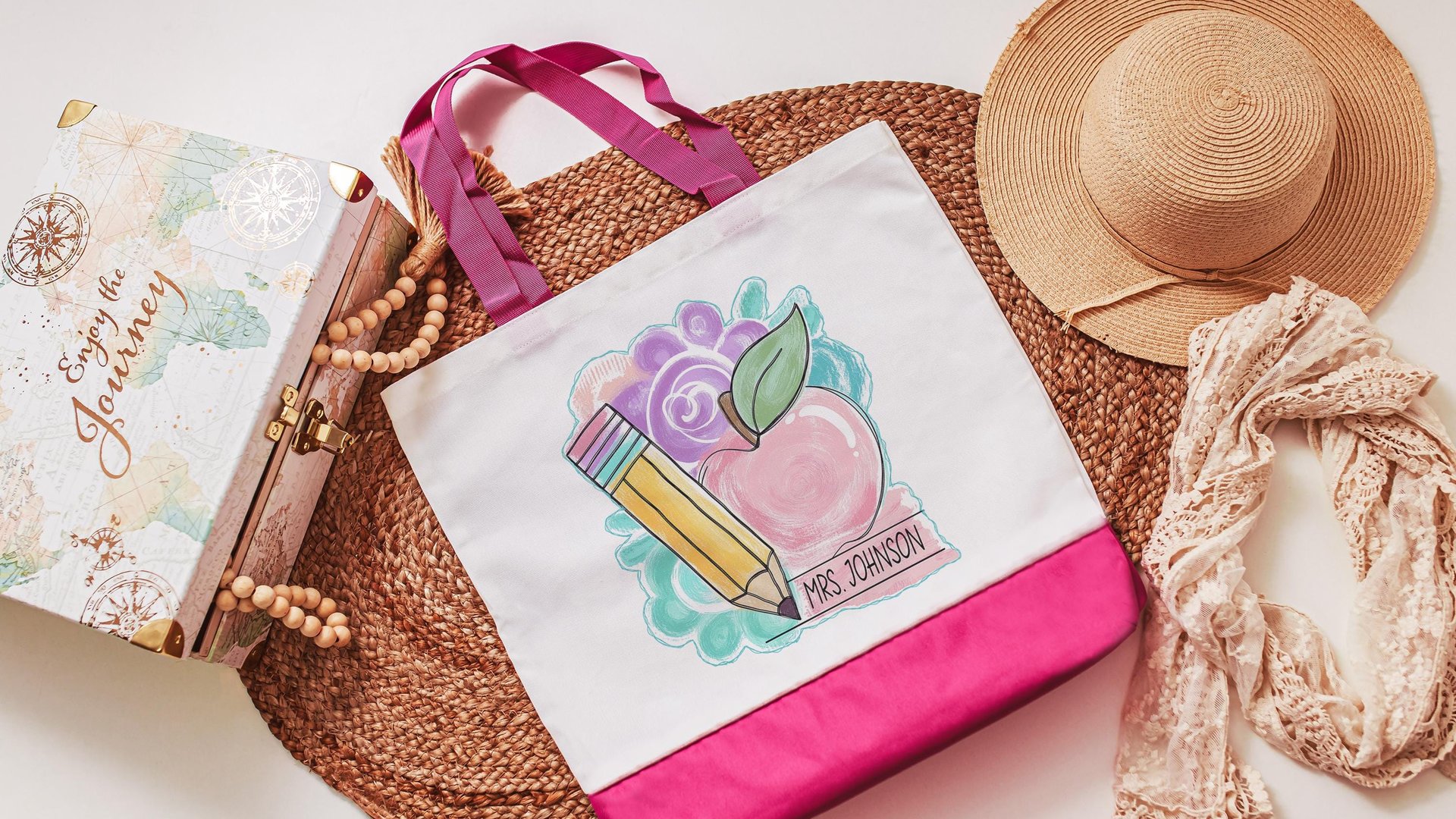personalized pastel apple tote bag for school, back to school gifts for coworkers, first day of school gifts for teachers, watercolor pencil