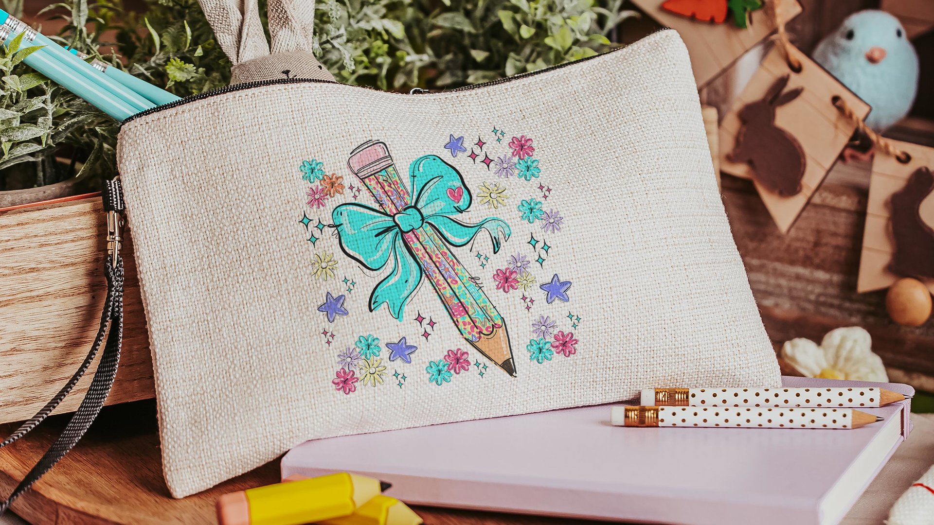 colorful pencil pouch with zipper, school supplies for girls, turquoise coquette bow pencil bag for tweens, back to school gifts for kids