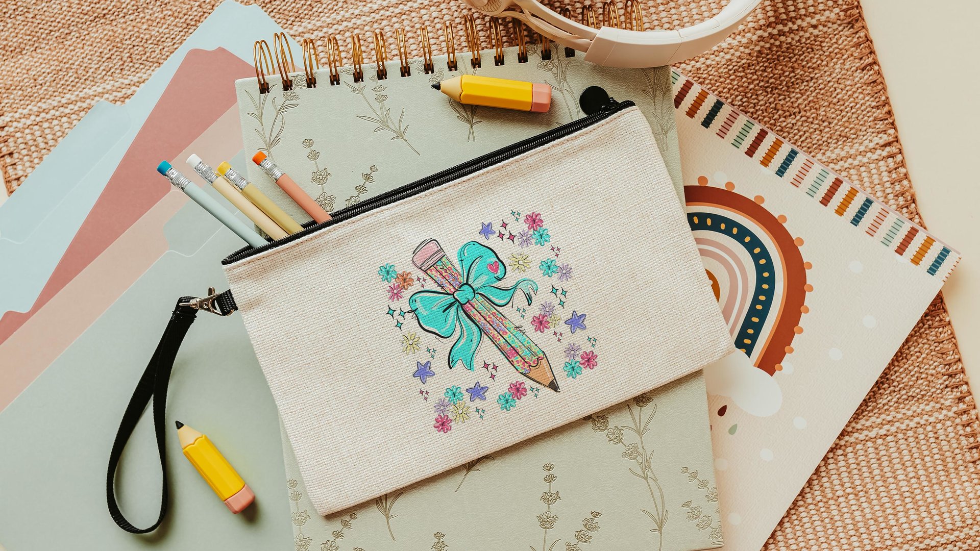 colorful pencil pouch with zipper, school supplies for girls, turquoise coquette bow pencil bag for tweens, back to school gifts for kids