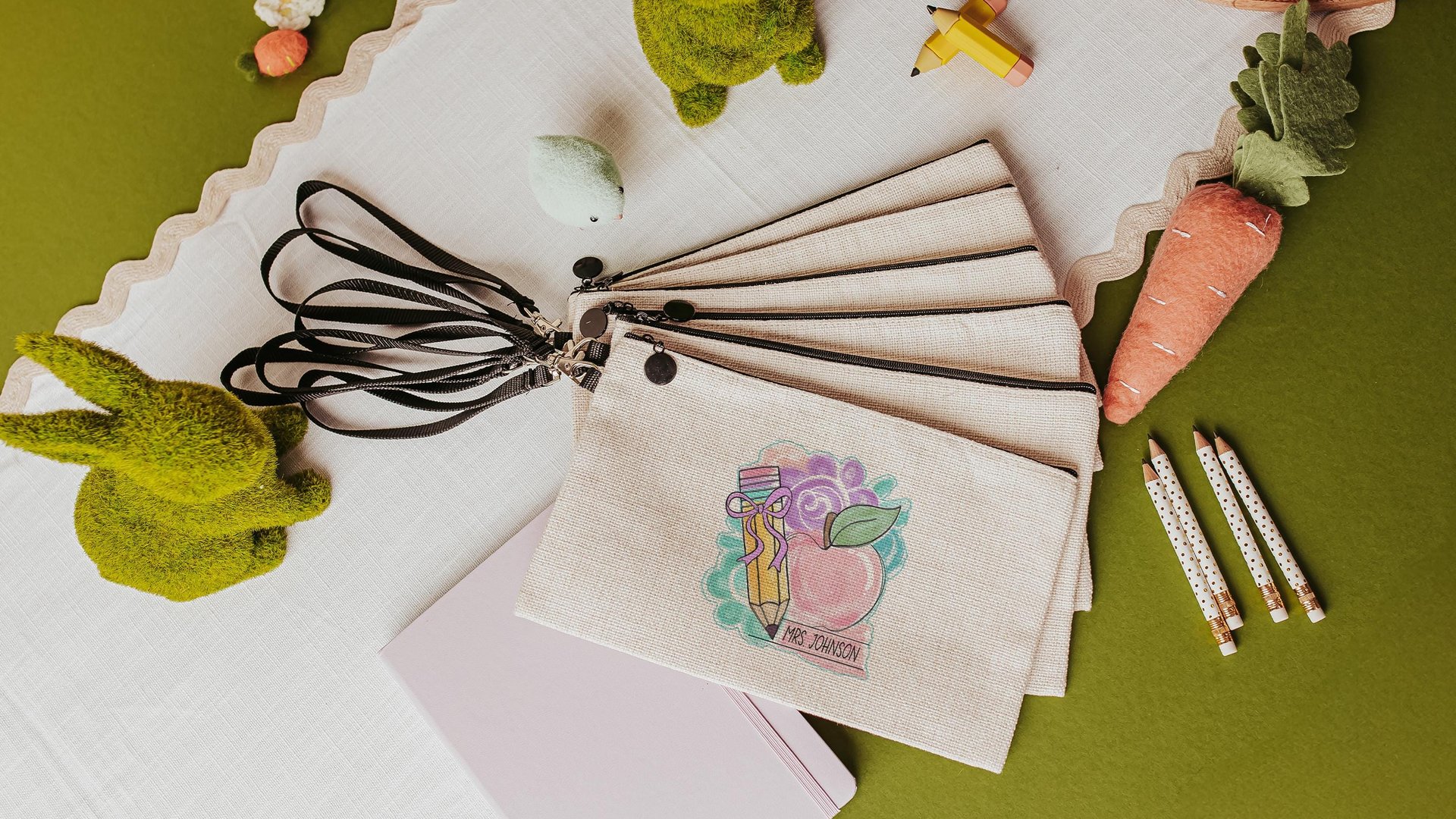 teacher coquette pencil pouch personalized pastel apple for teacher wristlet with name, cute teacher gifts for coworkers, teacher makeup bag