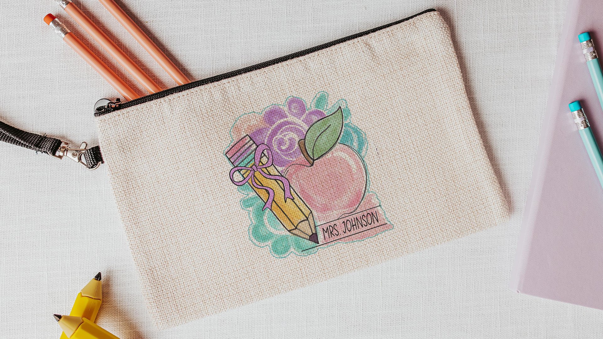 teacher coquette pencil pouch personalized pastel apple for teacher wristlet with name, cute teacher gifts for coworkers, teacher makeup bag