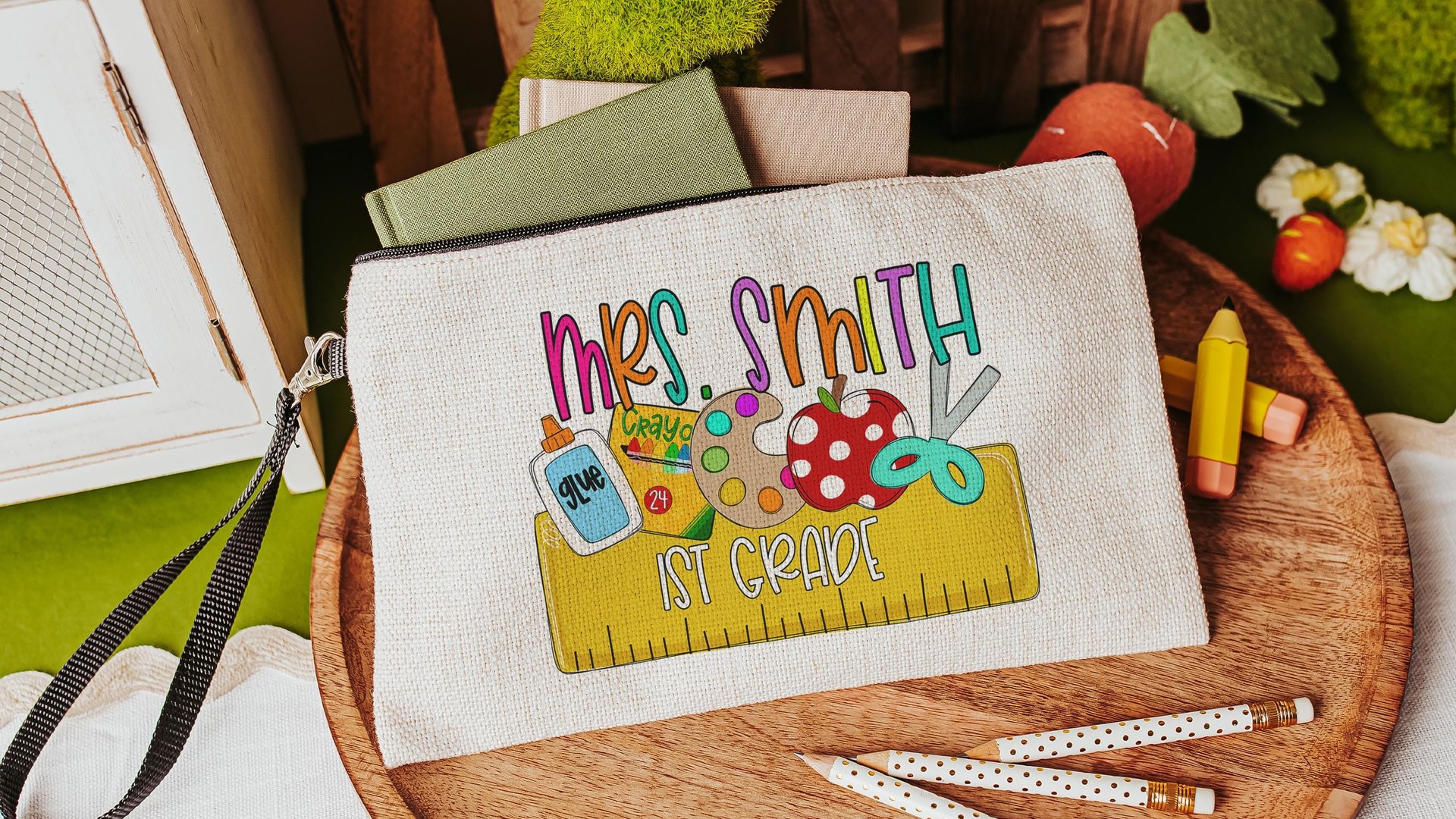 personalized pencil pouch for teachers, school supplies, cute pencil bag for purse, back to school gifts for coworkers, first grade teacher