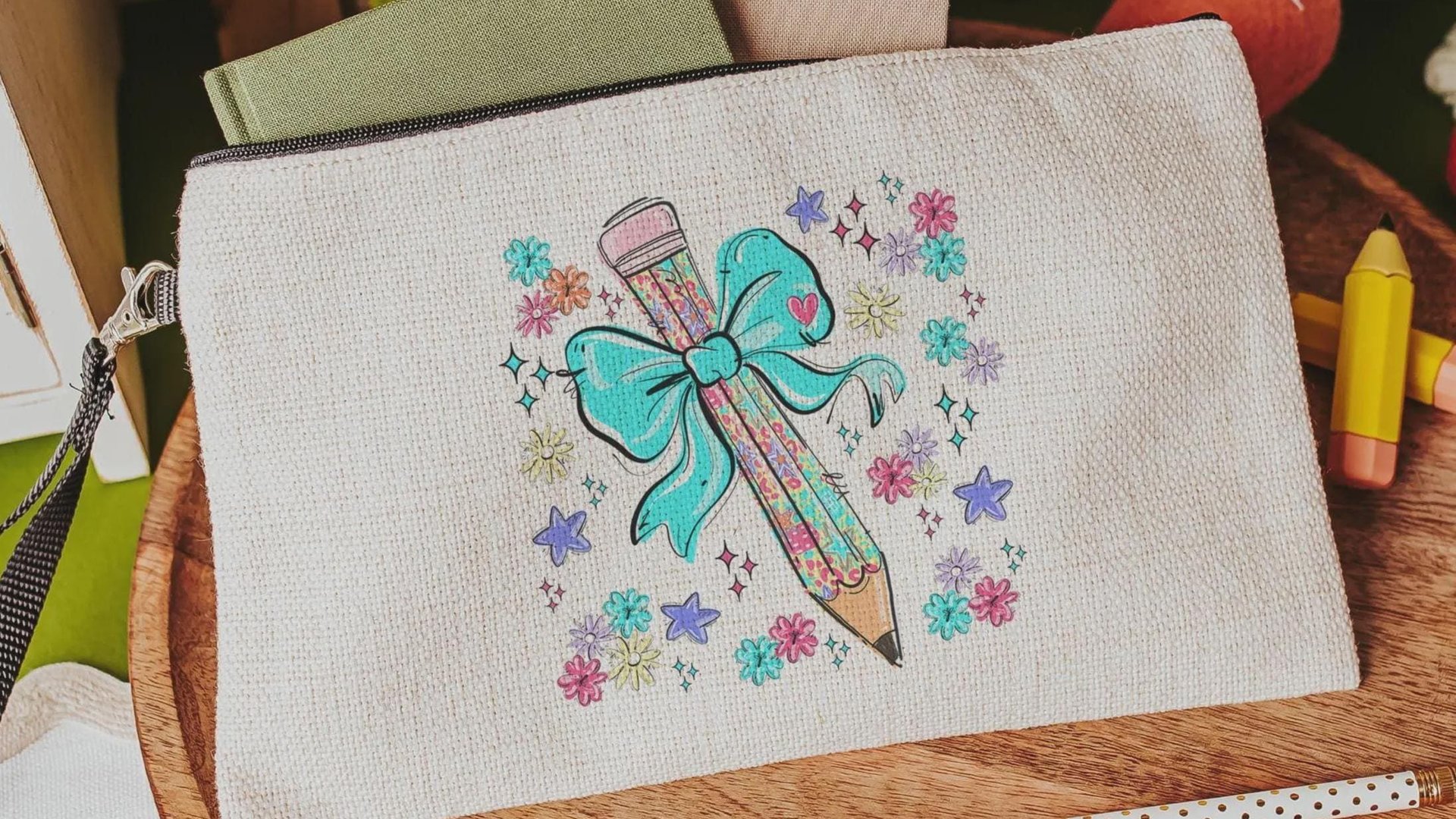 colorful pencil pouch with zipper, school supplies for girls, turquoise coquette bow pencil bag for tweens, back to school gifts for kids