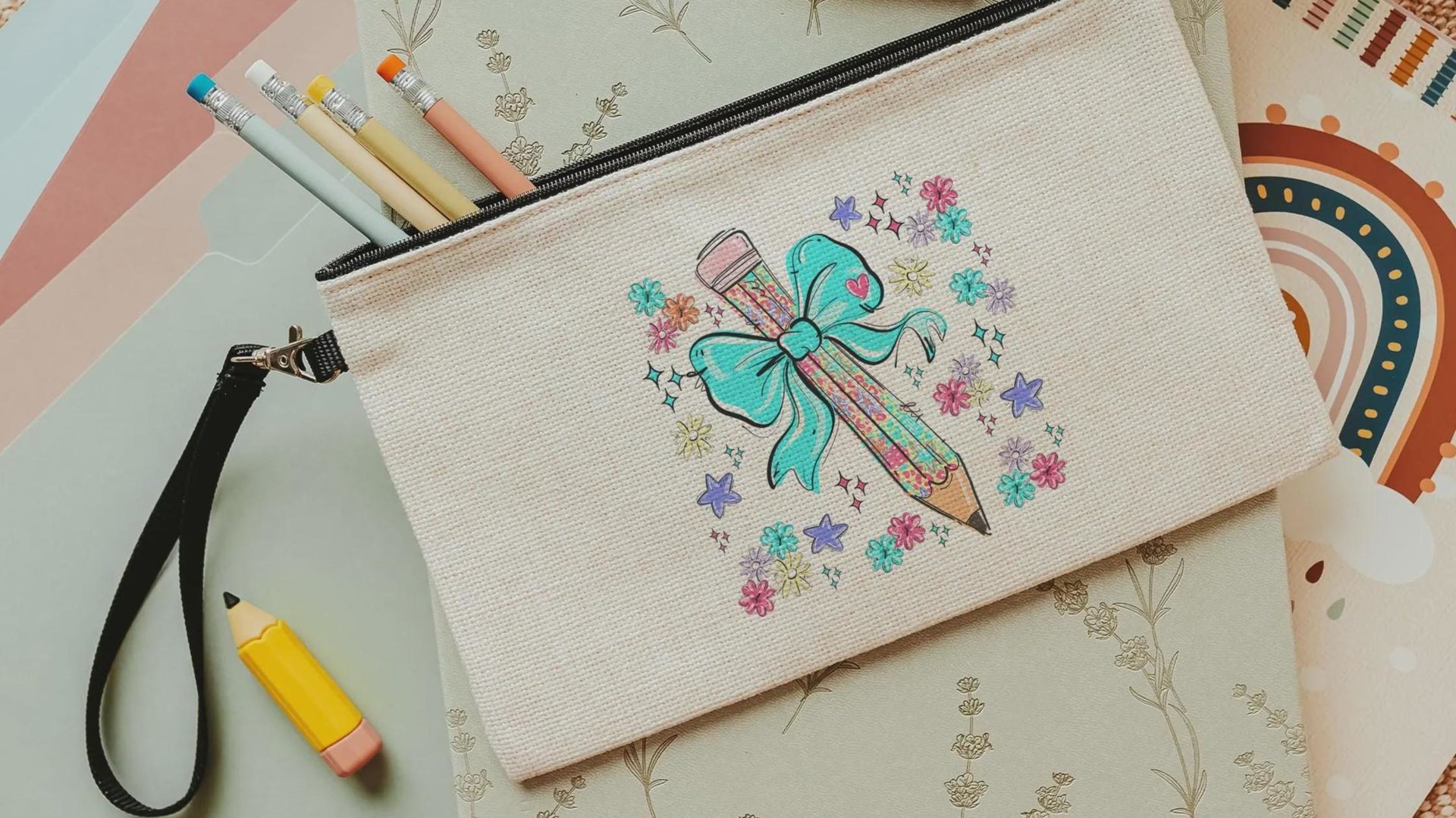 colorful pencil pouch with zipper, school supplies for girls, turquoise coquette bow pencil bag for tweens, back to school gifts for kids