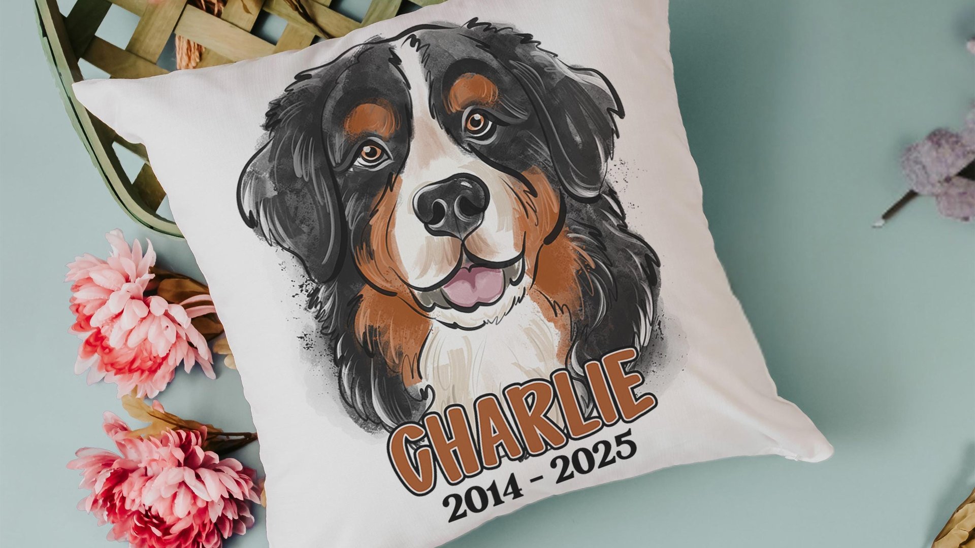 personalized Bernese mountain dog throw pillow cover 18 x 18, loss of dog memorial gift, remembrance dog pillow with name Berner mom and dad