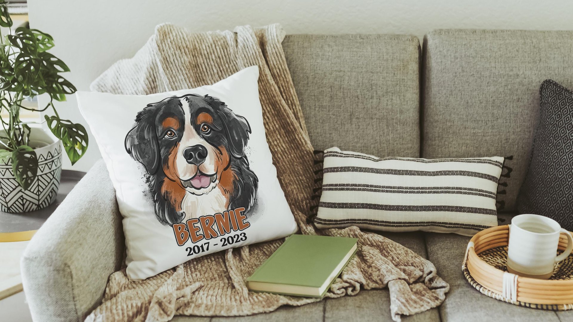 personalized Bernese mountain dog throw pillow cover 18 x 18, loss of dog memorial gift, remembrance dog pillow with name Berner mom and dad