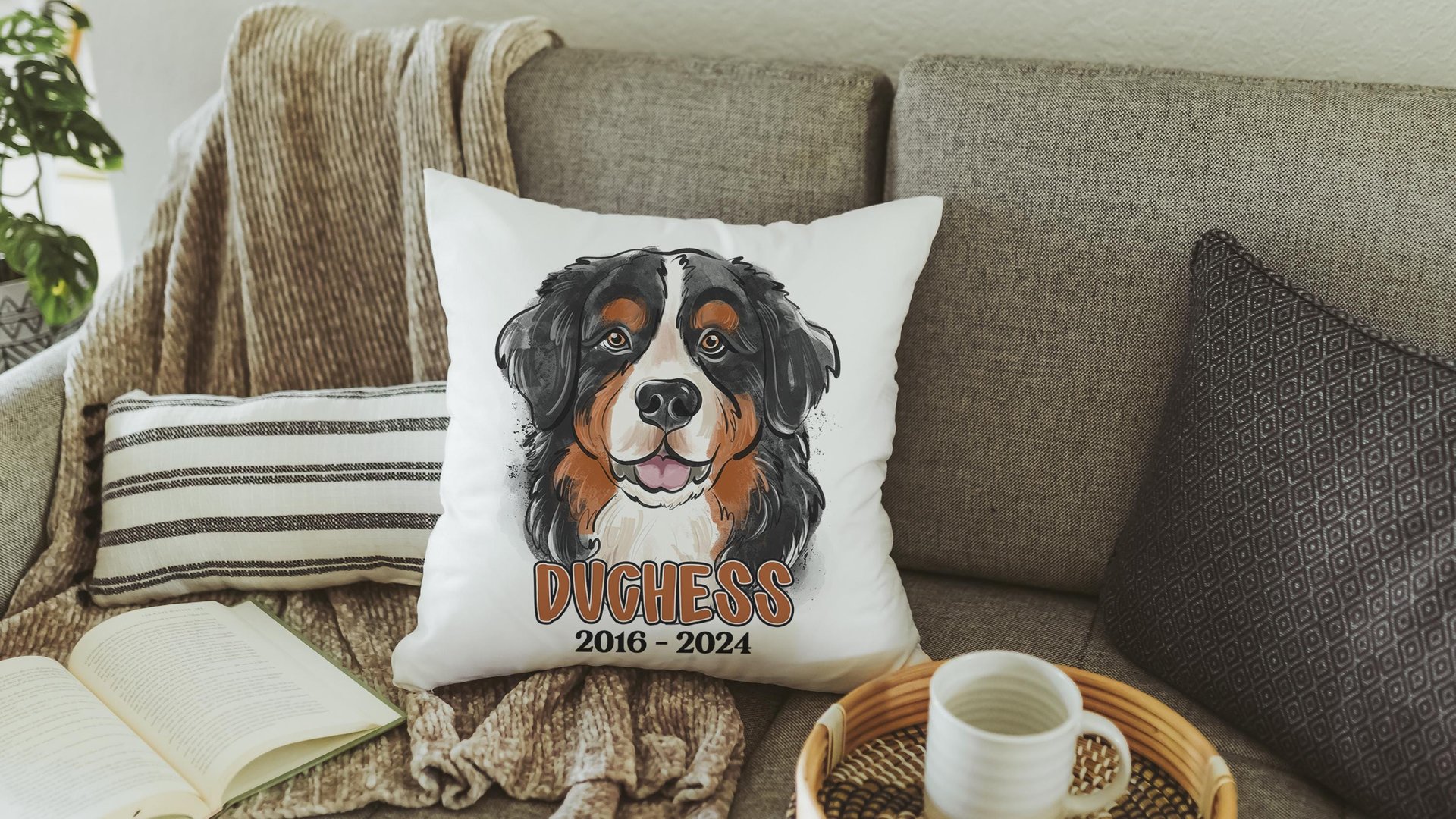 personalized Bernese mountain dog throw pillow cover 18 x 18, loss of dog memorial gift, remembrance dog pillow with name Berner mom and dad