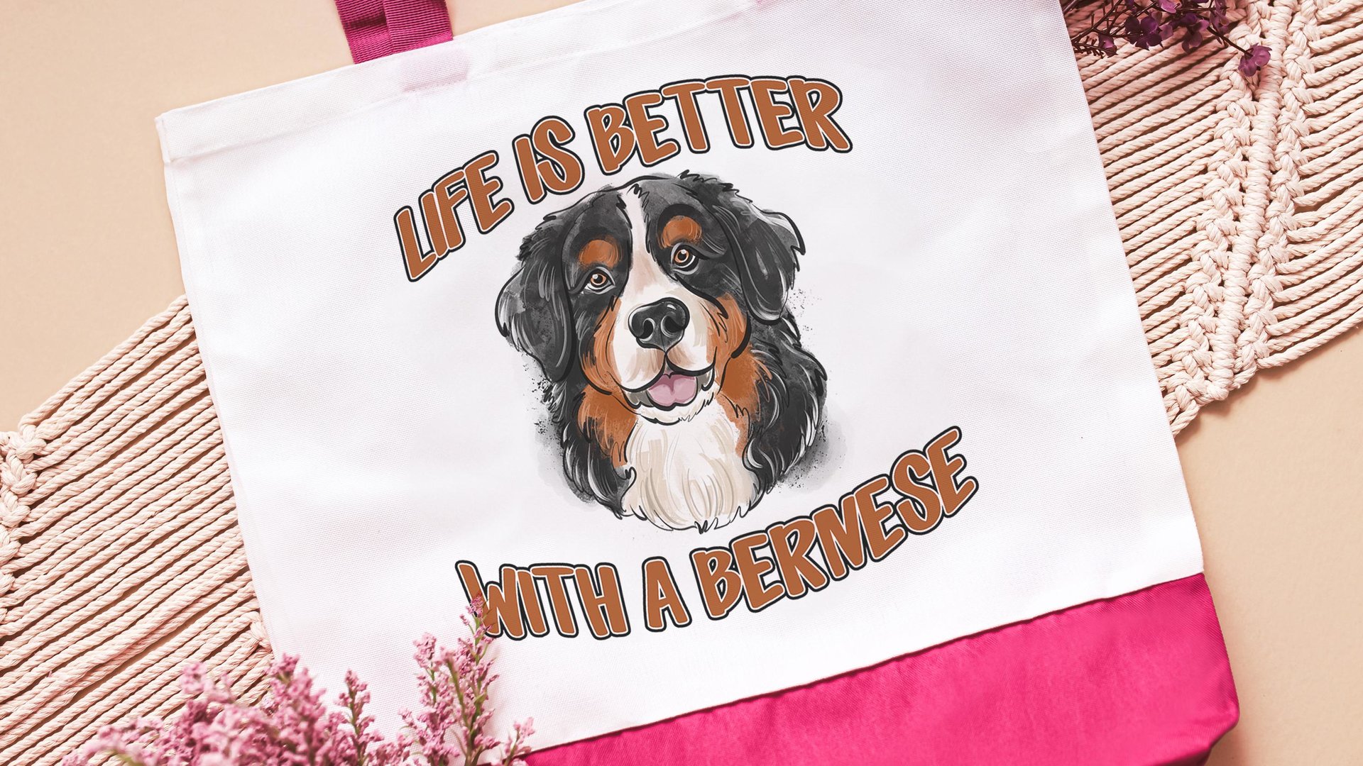 life is better with a dog bernese mountain dog tote bag for dog lover, bernese dog mom dog walking bag for women, cute dog gifts beach bag