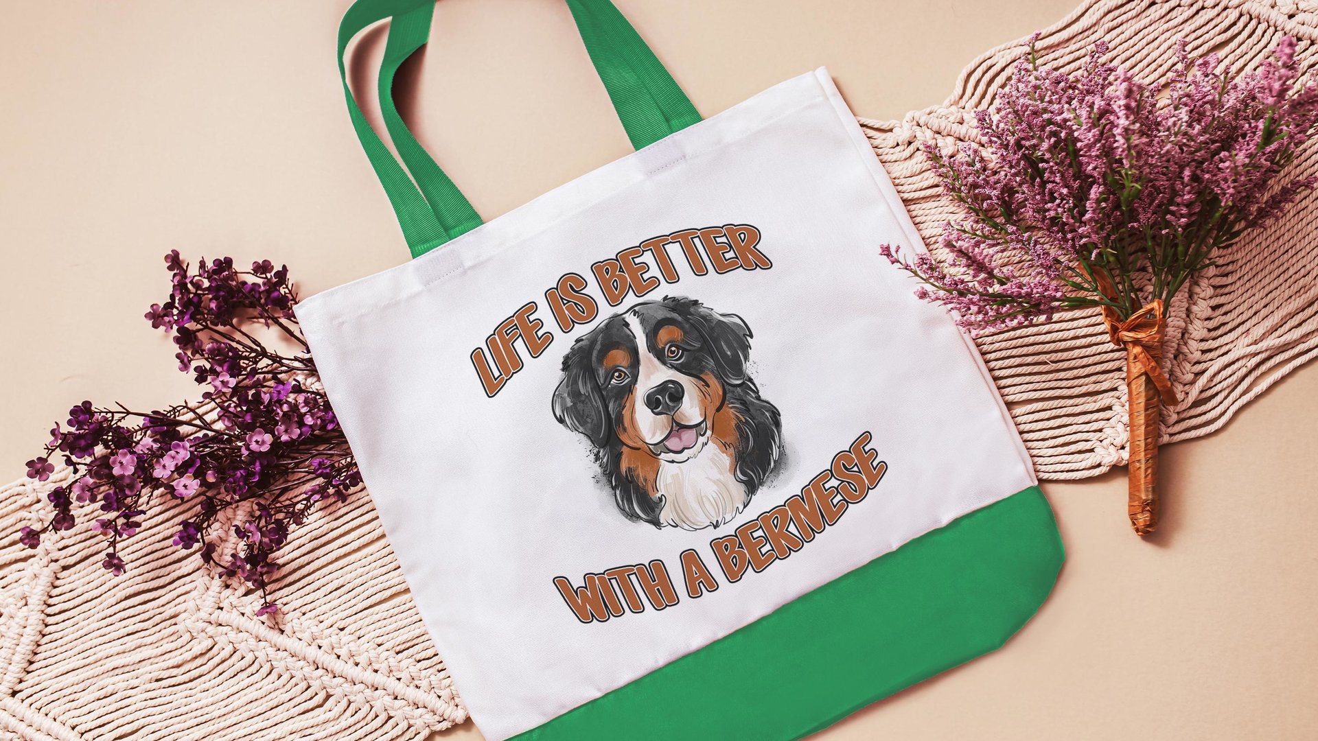life is better with a dog bernese mountain dog tote bag for dog lover, bernese dog mom dog walking bag for women, cute dog gifts beach bag