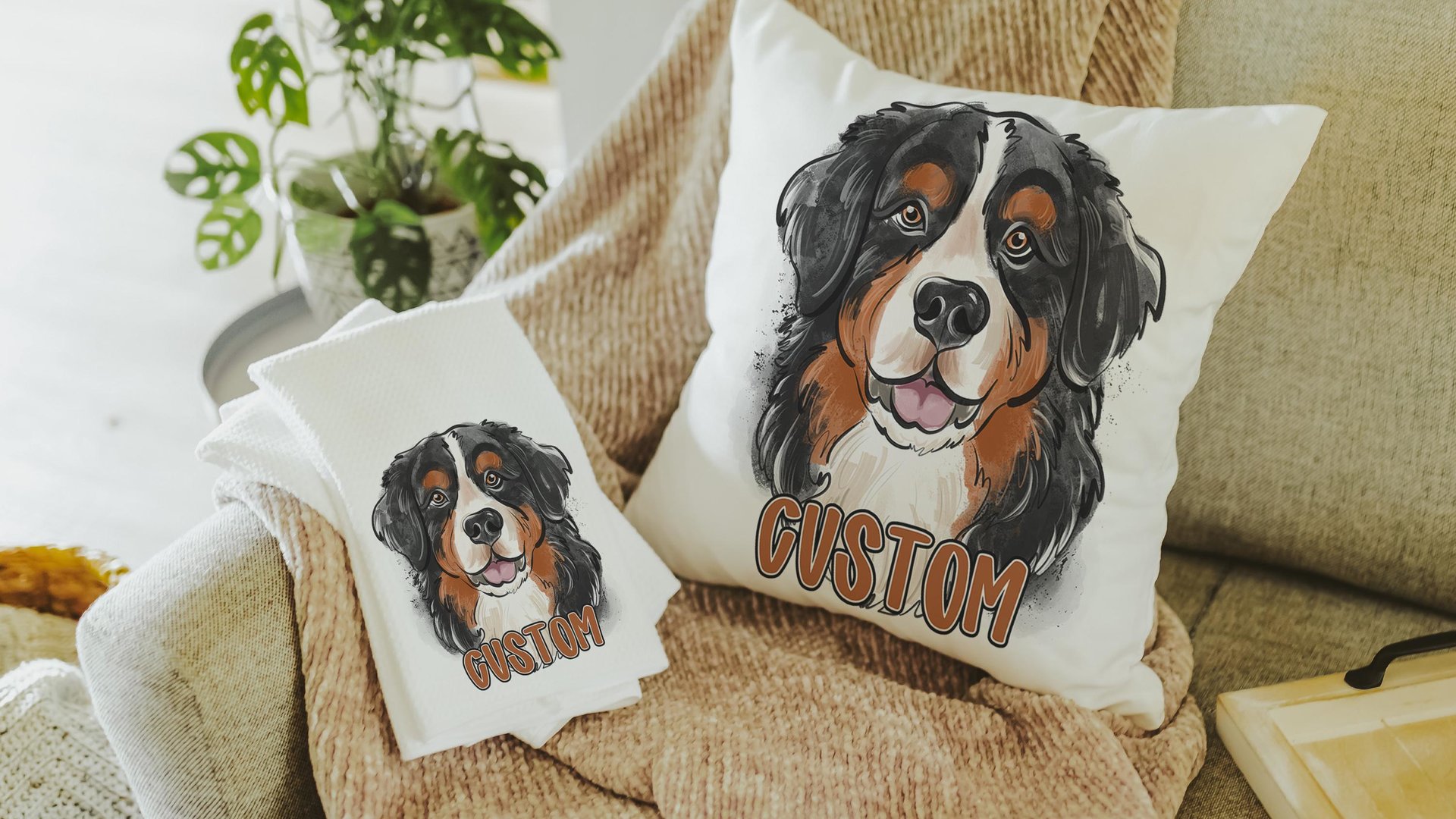 Personalized bernese mountain dog name throw pillows for sofa, bernese kitchen towels, dog lover gift for women, berney decor, cute dog gift
