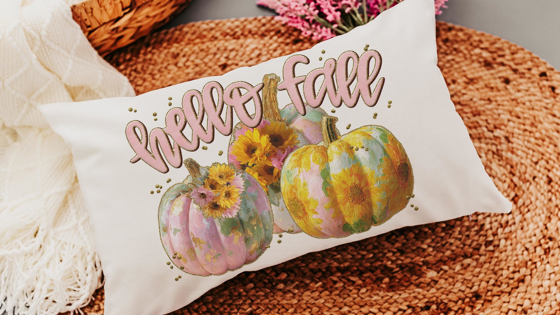 hello fall accent pillows for sofa, fall style gift, pink autumn decor, watercolor pumpkin fall decor best seller, fall host gift, sunflower