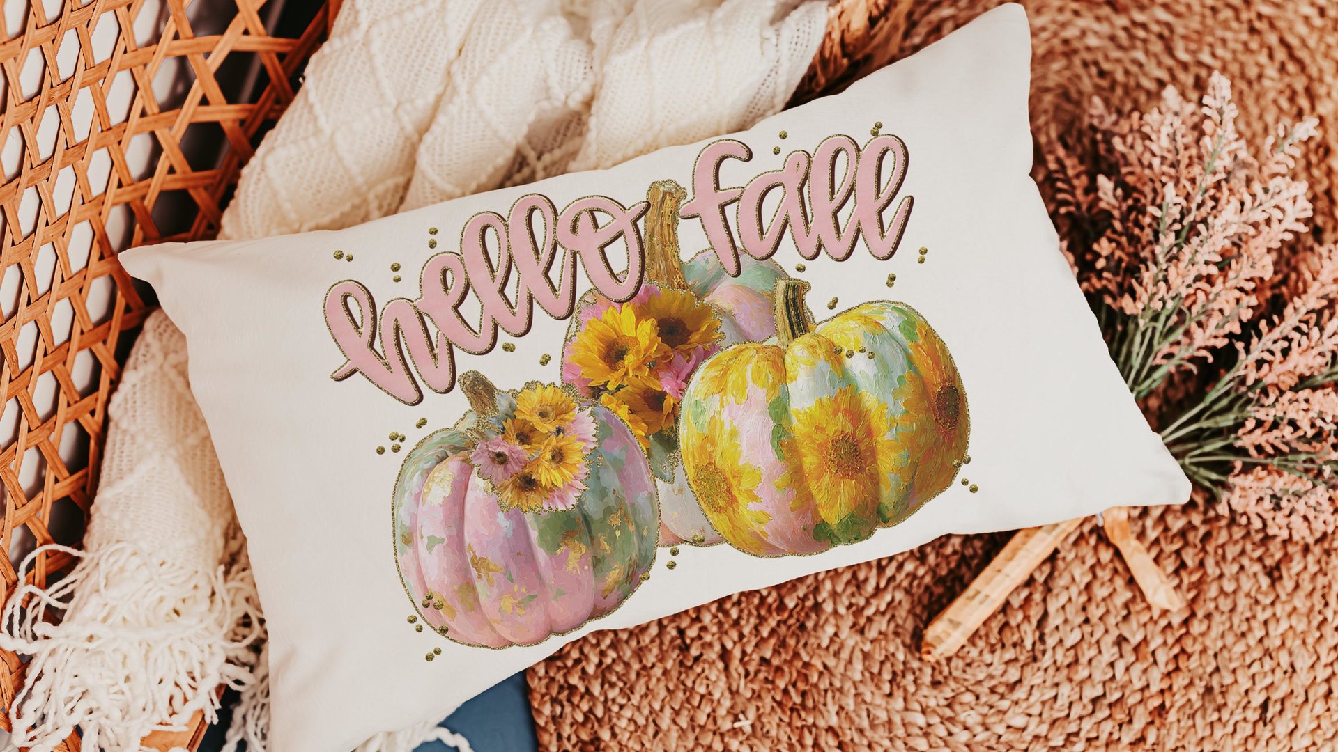 hello fall accent pillows for sofa, fall style gift, pink autumn decor, watercolor pumpkin fall decor best seller, fall host gift, sunflower