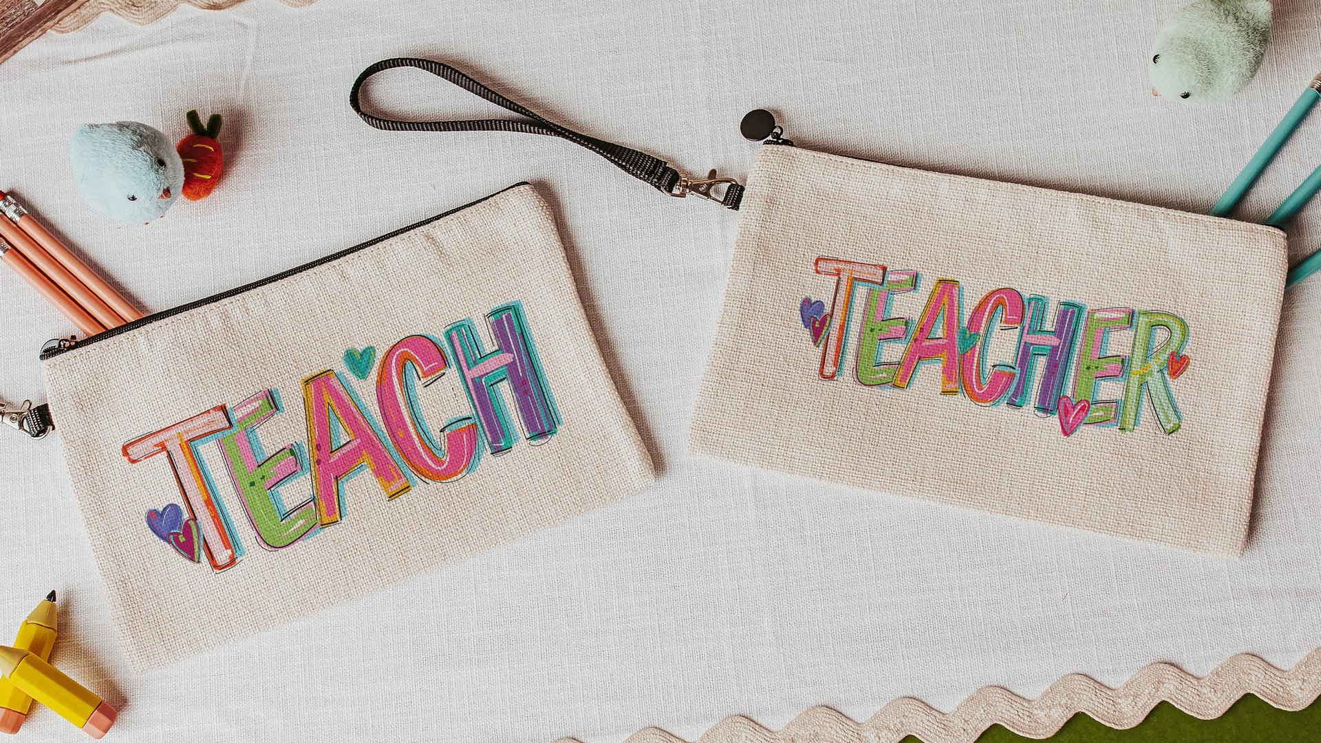 colorful teach pencil pouch cute teacher wristlet bag with strap, kindergarten teacher gifts from coworkers, school supplies, preschool