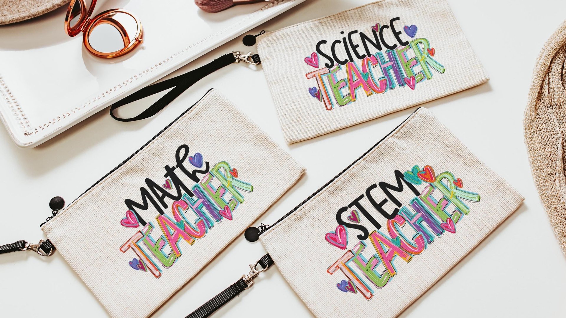 colorful teach pencil pouch cute teacher wristlet bag with strap, kindergarten teacher gifts from coworkers, school supplies, preschool