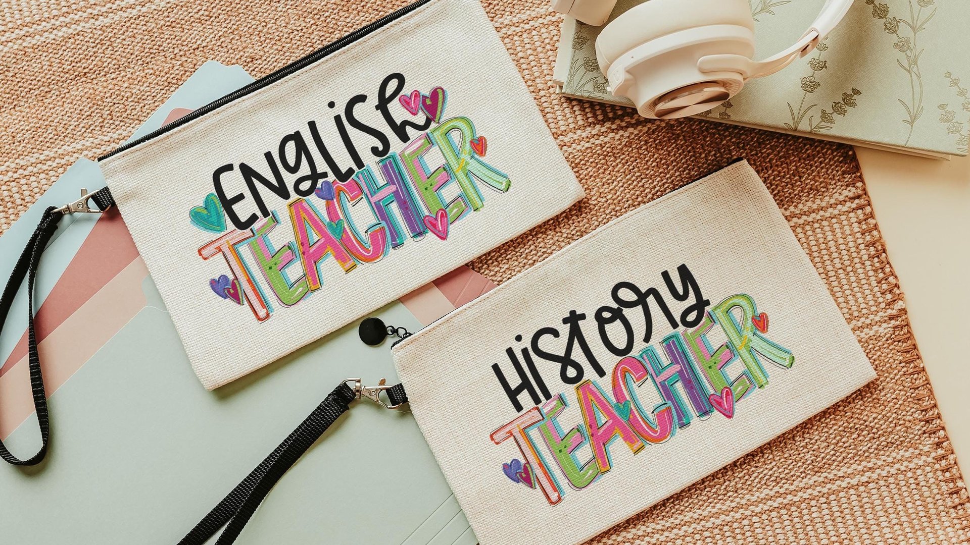 colorful teach pencil pouch cute teacher wristlet bag with strap, kindergarten teacher gifts from coworkers, school supplies, preschool