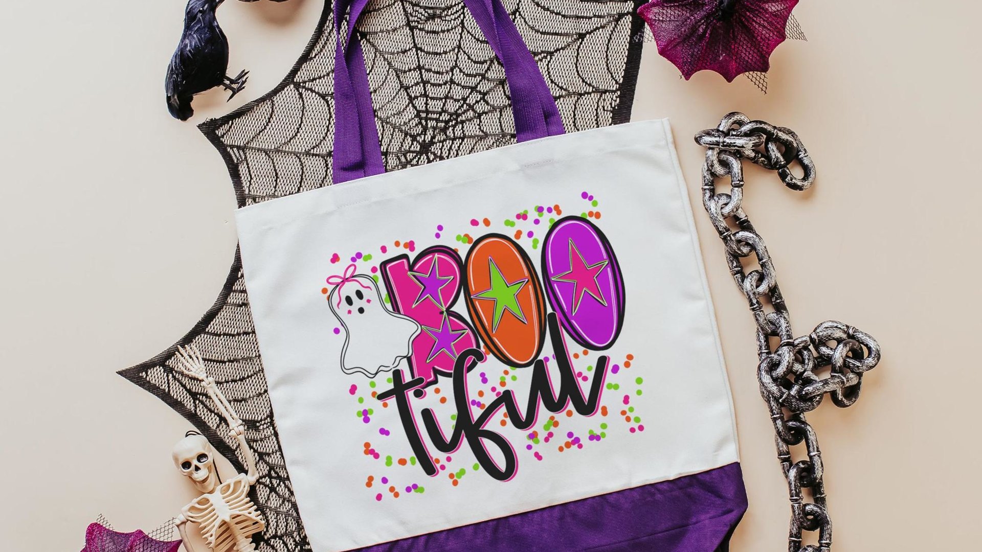 boo tiful trick or treat bag for girls, neon Halloween tote bag for teachers, boo basket stuffers for teenage girls, cute ghost makeup bag