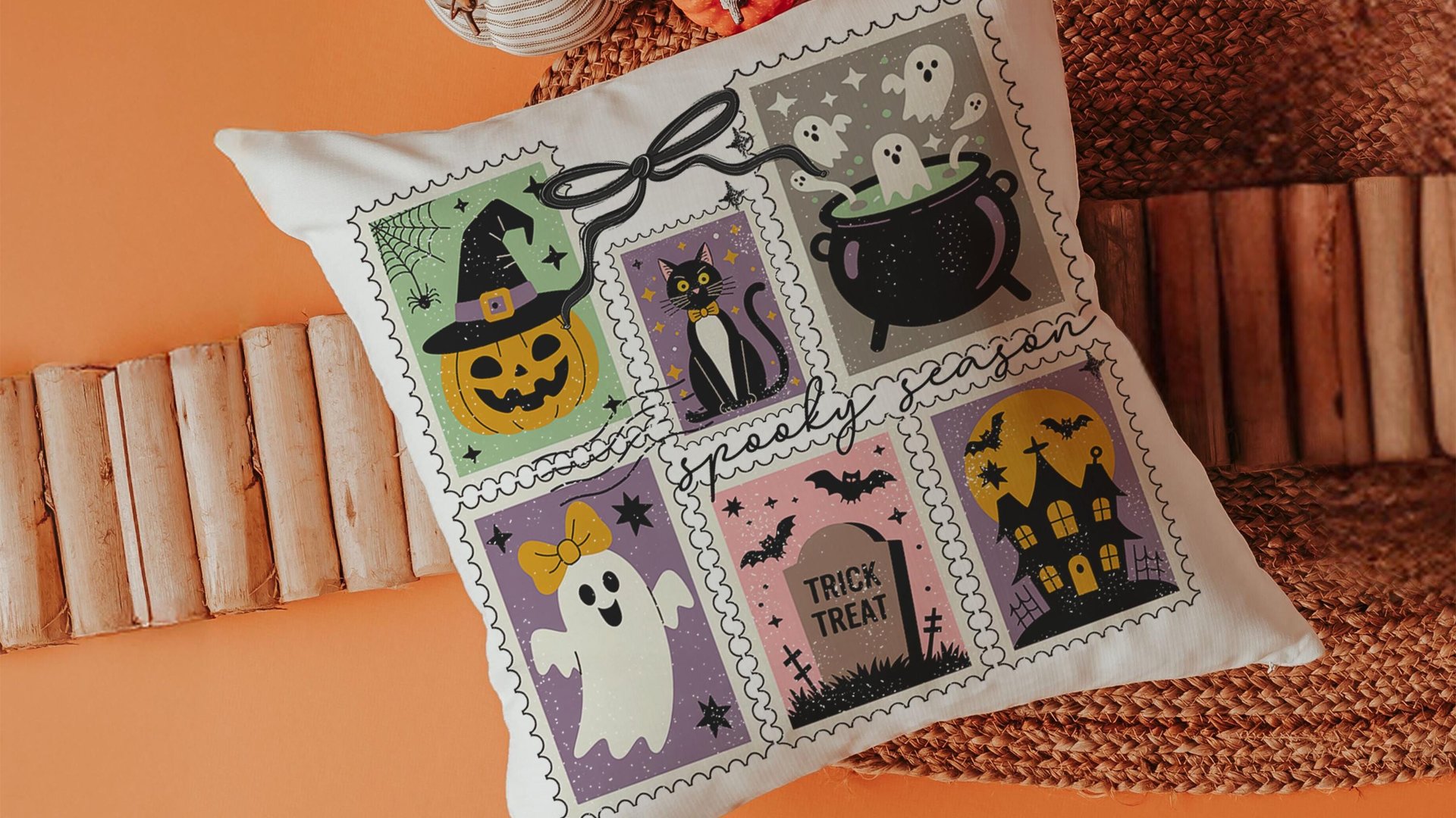 spooky cute Halloween coquette throw pillow covers 18 x 18, spooky season gift for her, boo basket stuffers for adults, black cat accent