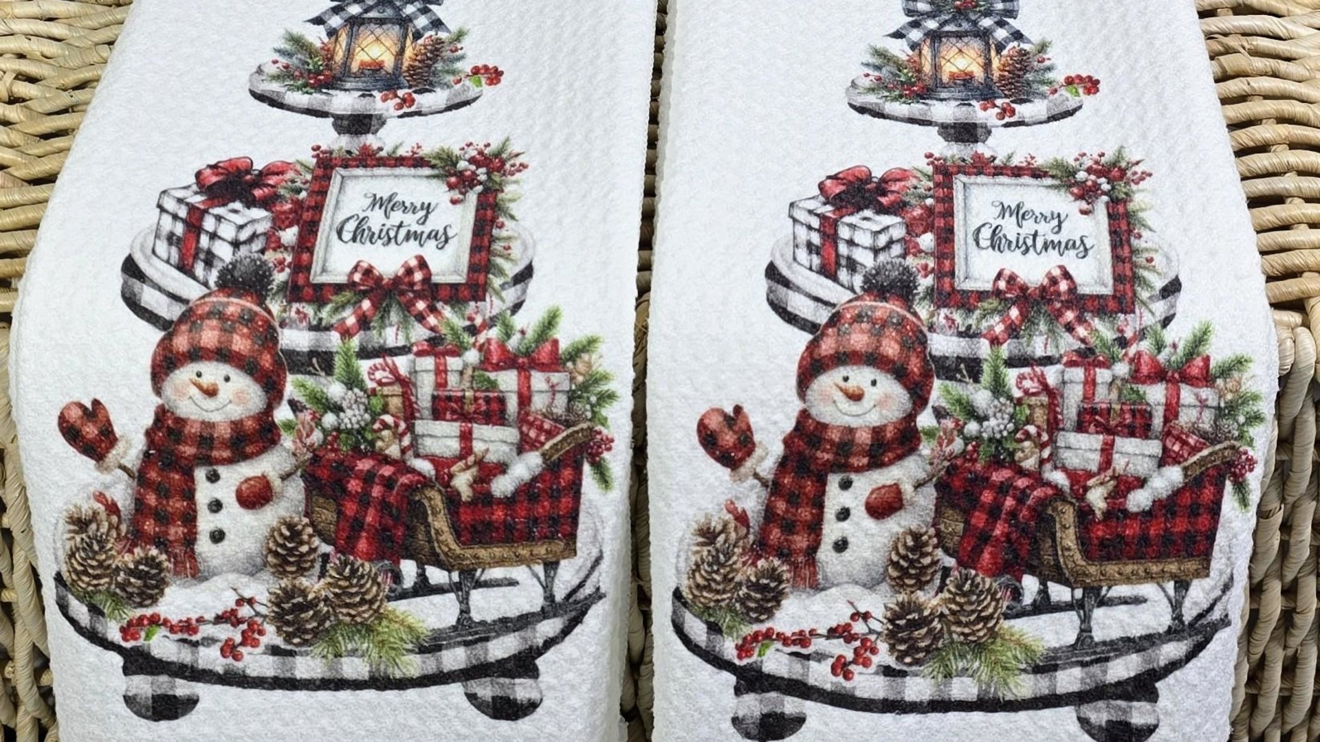 snowman Christmas kitchen towel for women, buffalo plaid Christmas kitchen decor, rustic Christmas gift for her, buffalo check Christmas