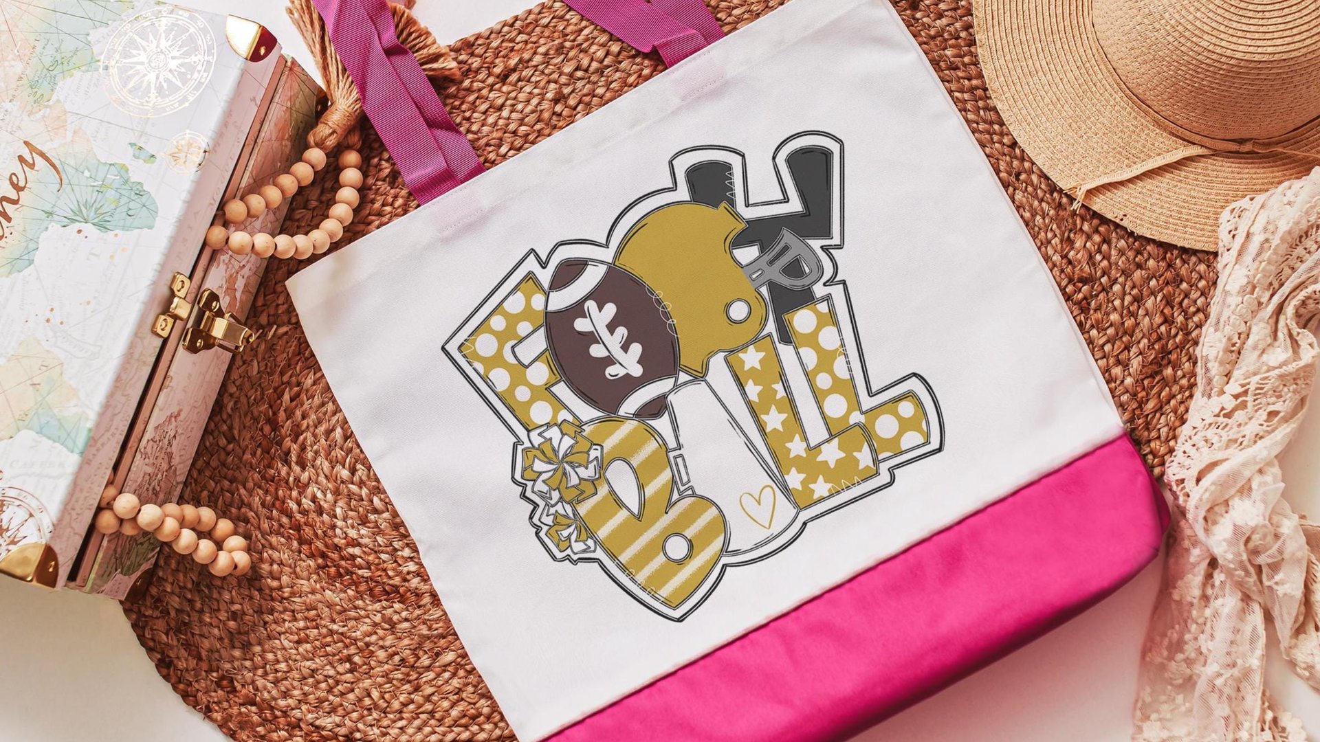 Gold football cheer tote bags