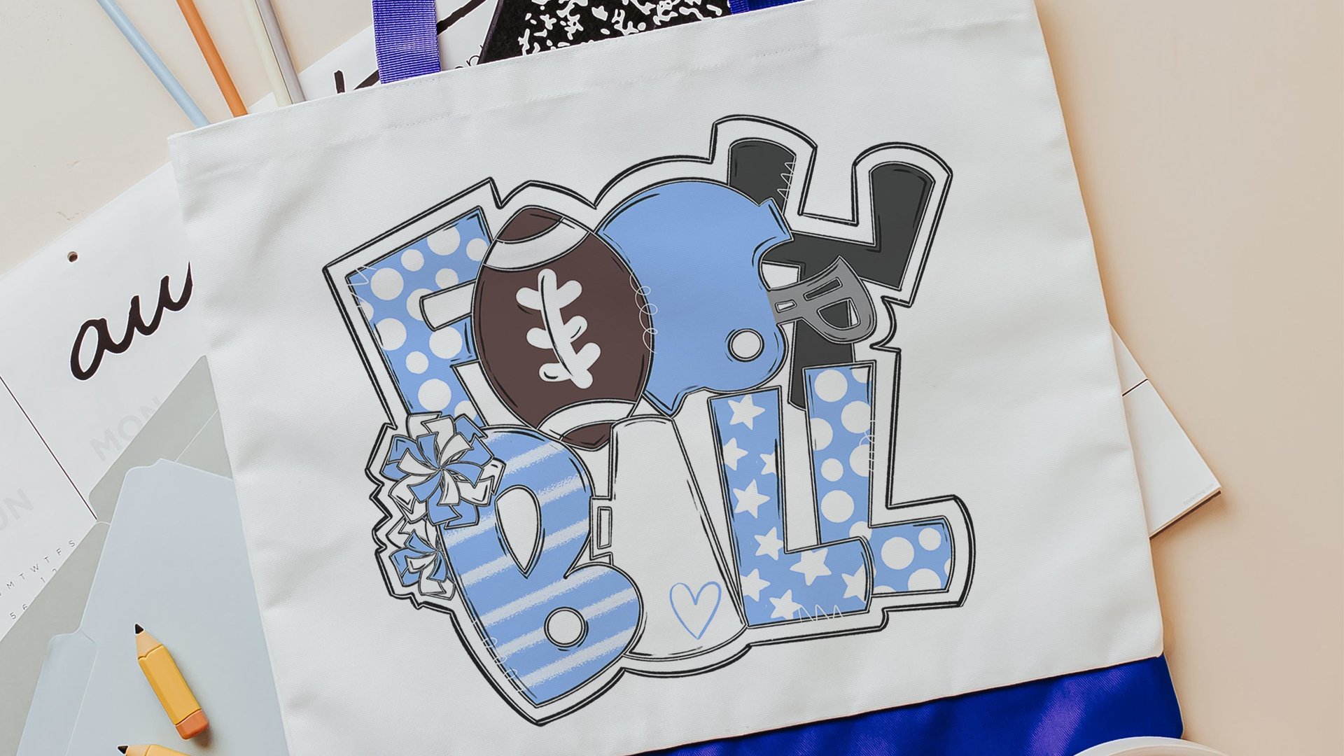 football mom tote bag for women, football cheer game day bag for Mom, Carolina blue school spirit accessories, cute football tote for games