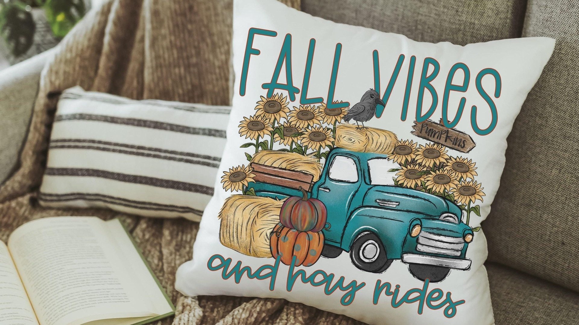 fall vibes and hayrides fall throw pillow covers 18 x 18, blue truck and pumpkin pillows for couch, sunflower gifts for women, autumn decor