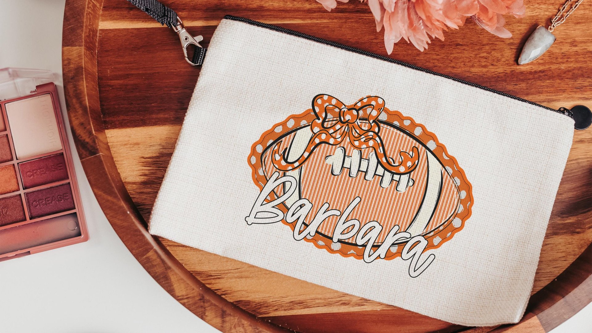 personalized purple seersucker makeup bag, purple school pride purple school supplies, seersucker football game day accessories, cheer squad