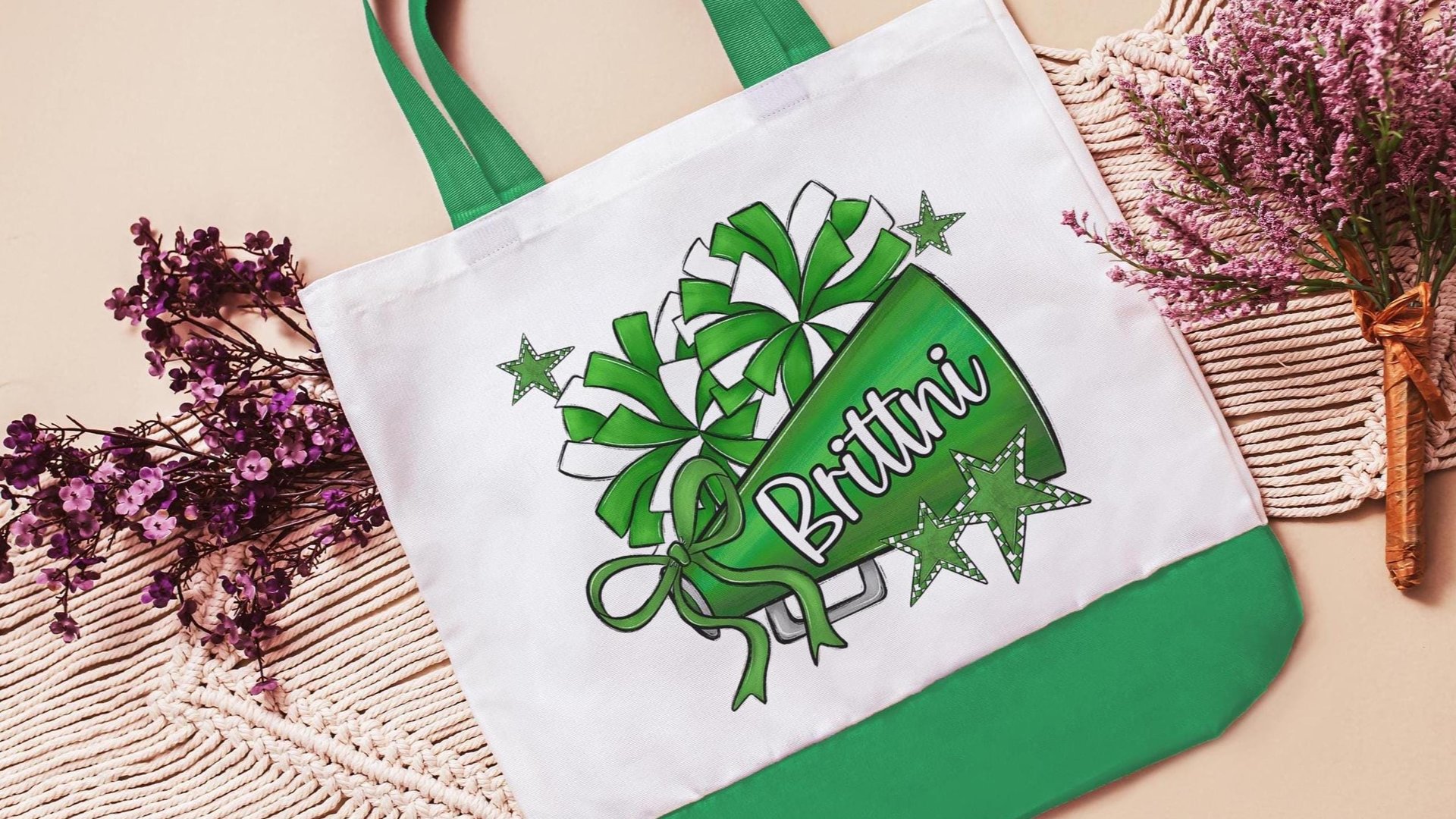 personalized cheerleading tote bag with name, green school spirit gear, stocking stuffers for teenage girls Christmas gifts for cheerleaders