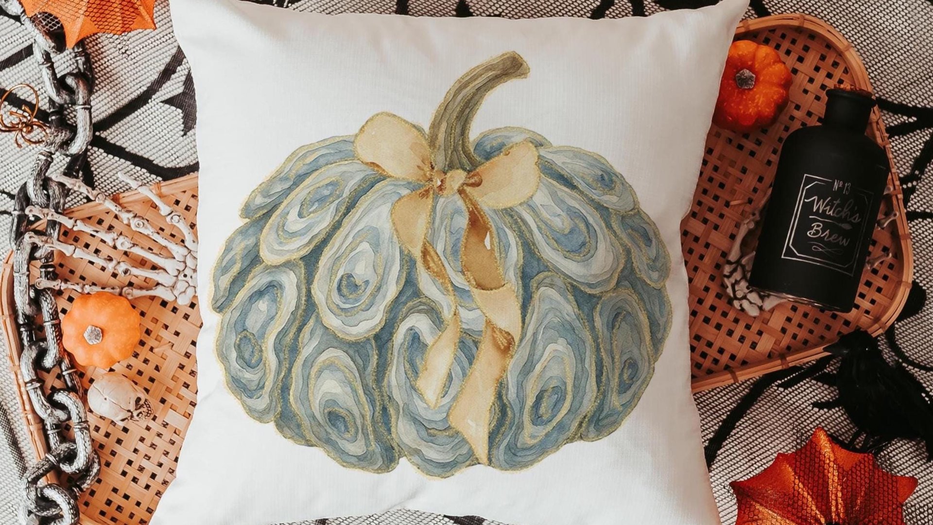 oyster shell pumpkin accent pillows for chair, Thanksgiving hosting gift, nautical pumpkins autumn kitchen hand towels, fall coastal kitchen