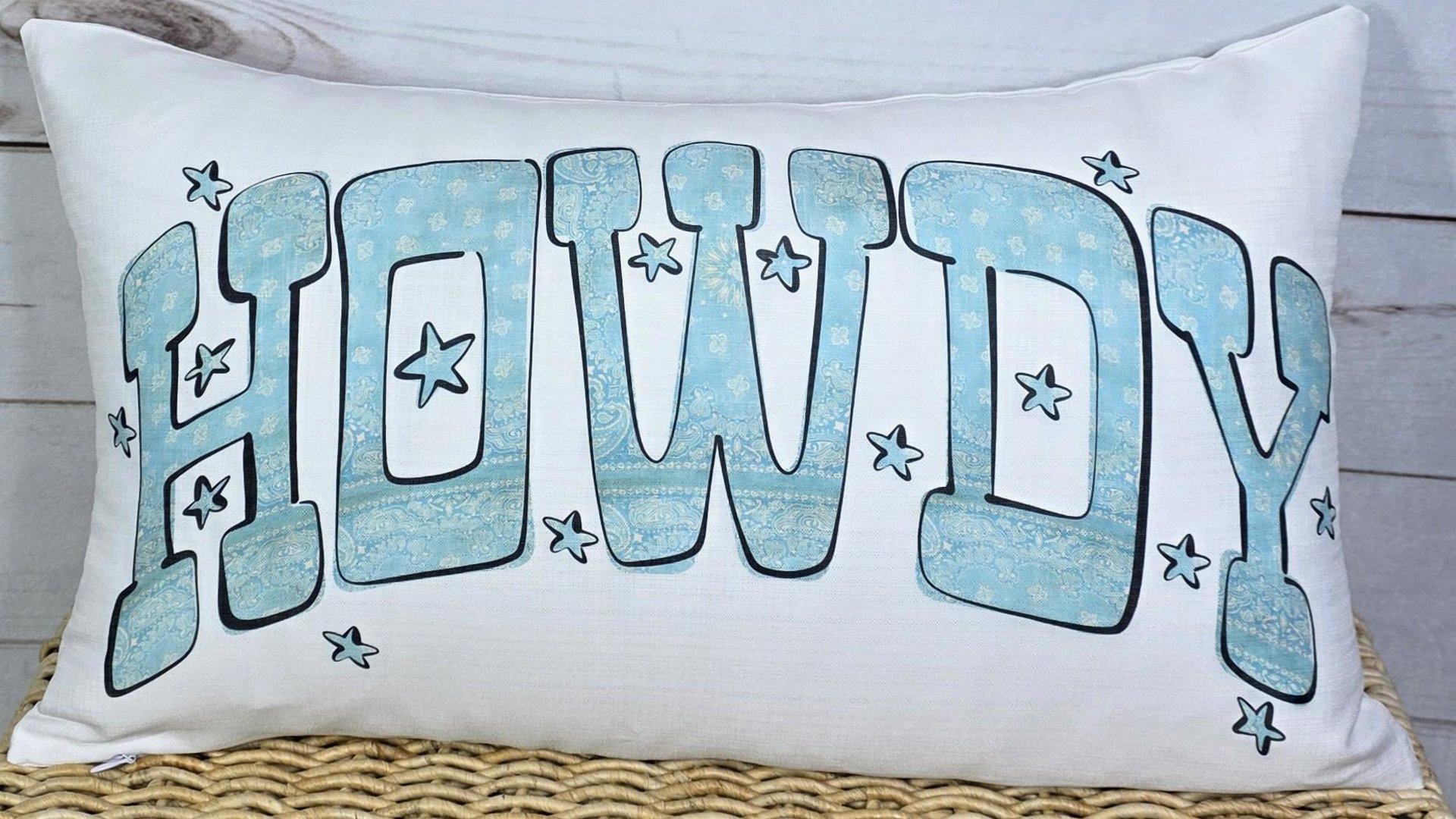 howdy throw pillow for couch, country western nursery decor, turquoise bandana print lumbar pillow, cowgirl baby shower gifts, rocking chair