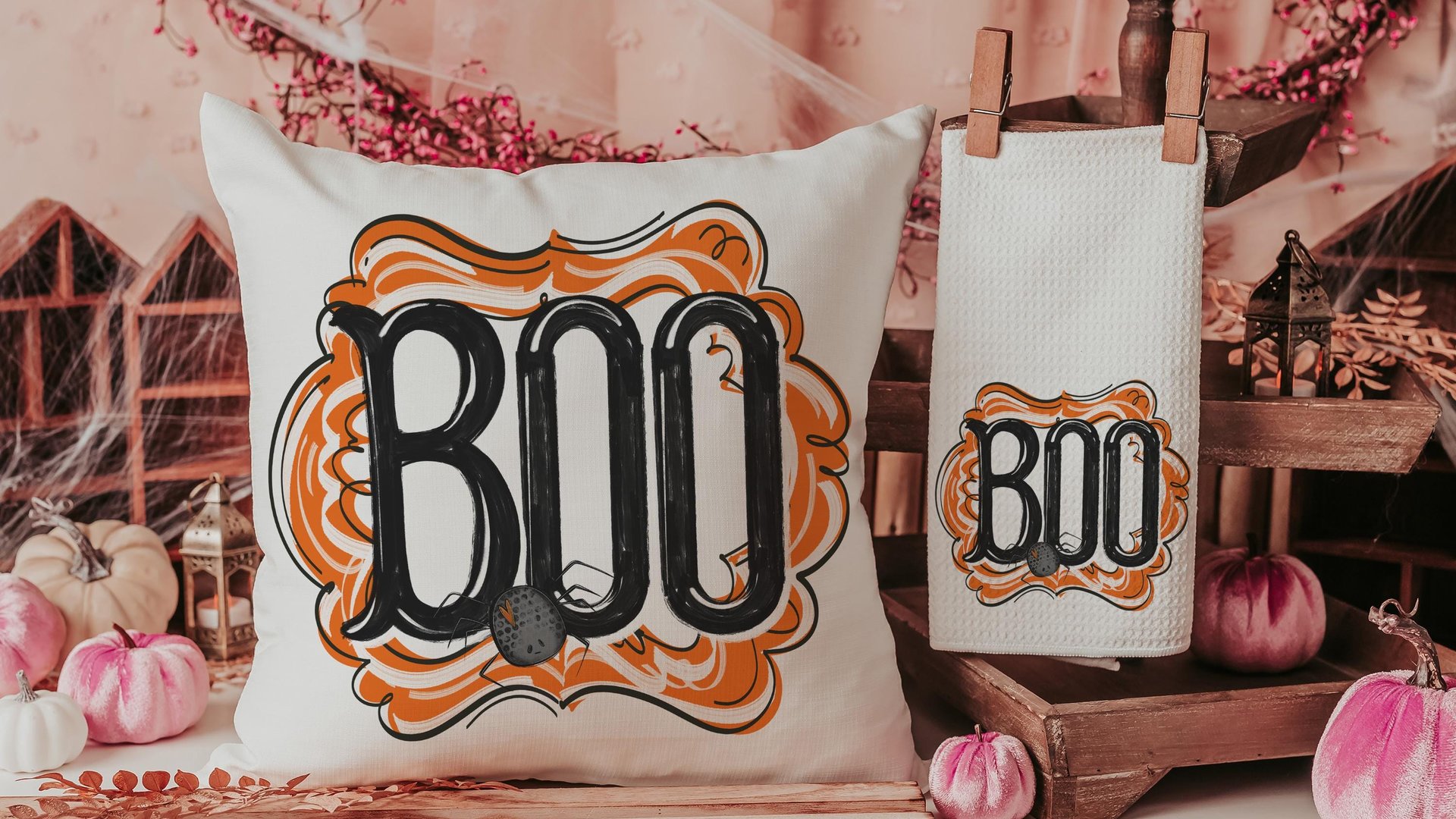 boo Halloween throw pillows for chair, boo basket gifts for her, cute spider Halloween kitchen towels, spooky season gifts, fall host gift