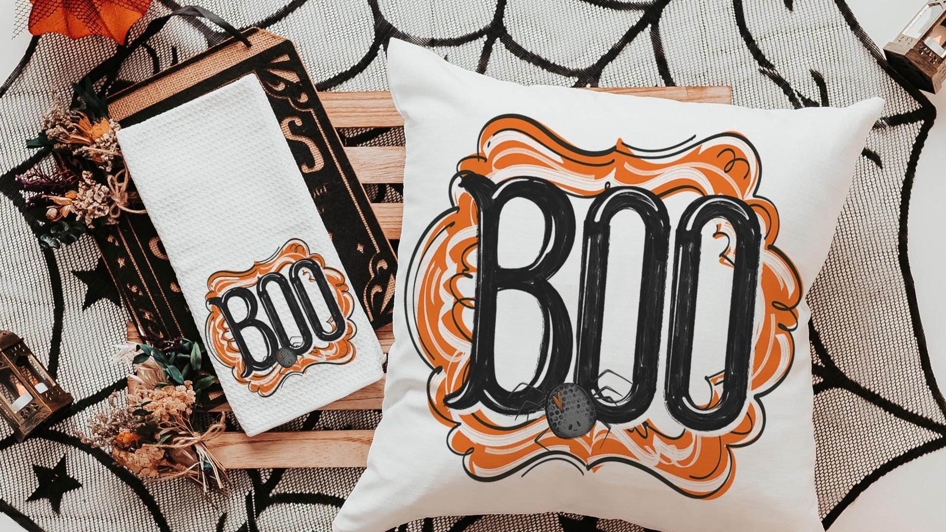 boo Halloween throw pillows for chair, boo basket gifts for her, cute spider Halloween kitchen towels, spooky season gifts, fall host gift