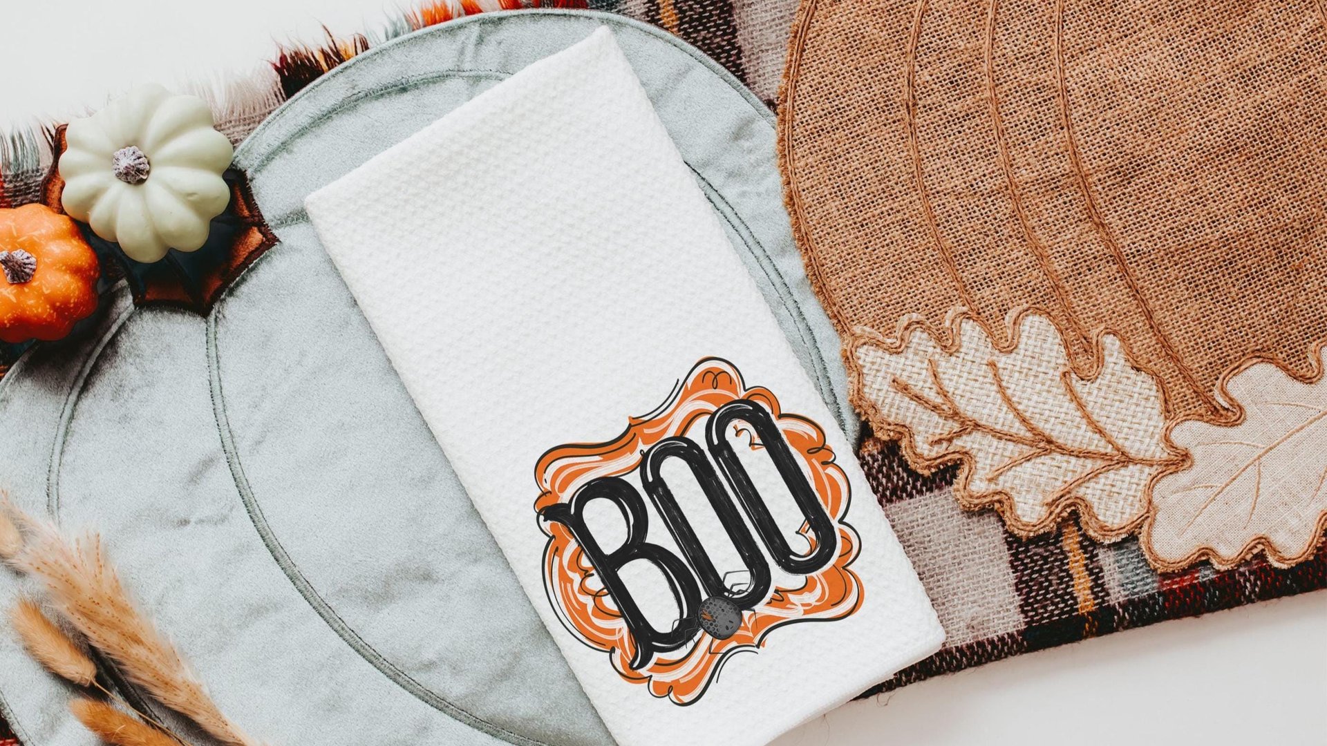 boo Halloween throw pillows for chair, boo basket gifts for her, cute spider Halloween kitchen towels, spooky season gifts, fall host gift