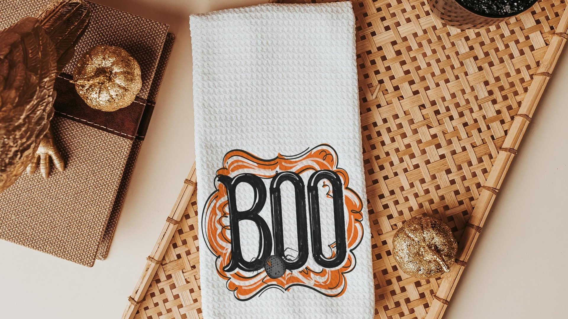 boo Halloween throw pillows for chair, boo basket gifts for her, cute spider Halloween kitchen towels, spooky season gifts, fall host gift