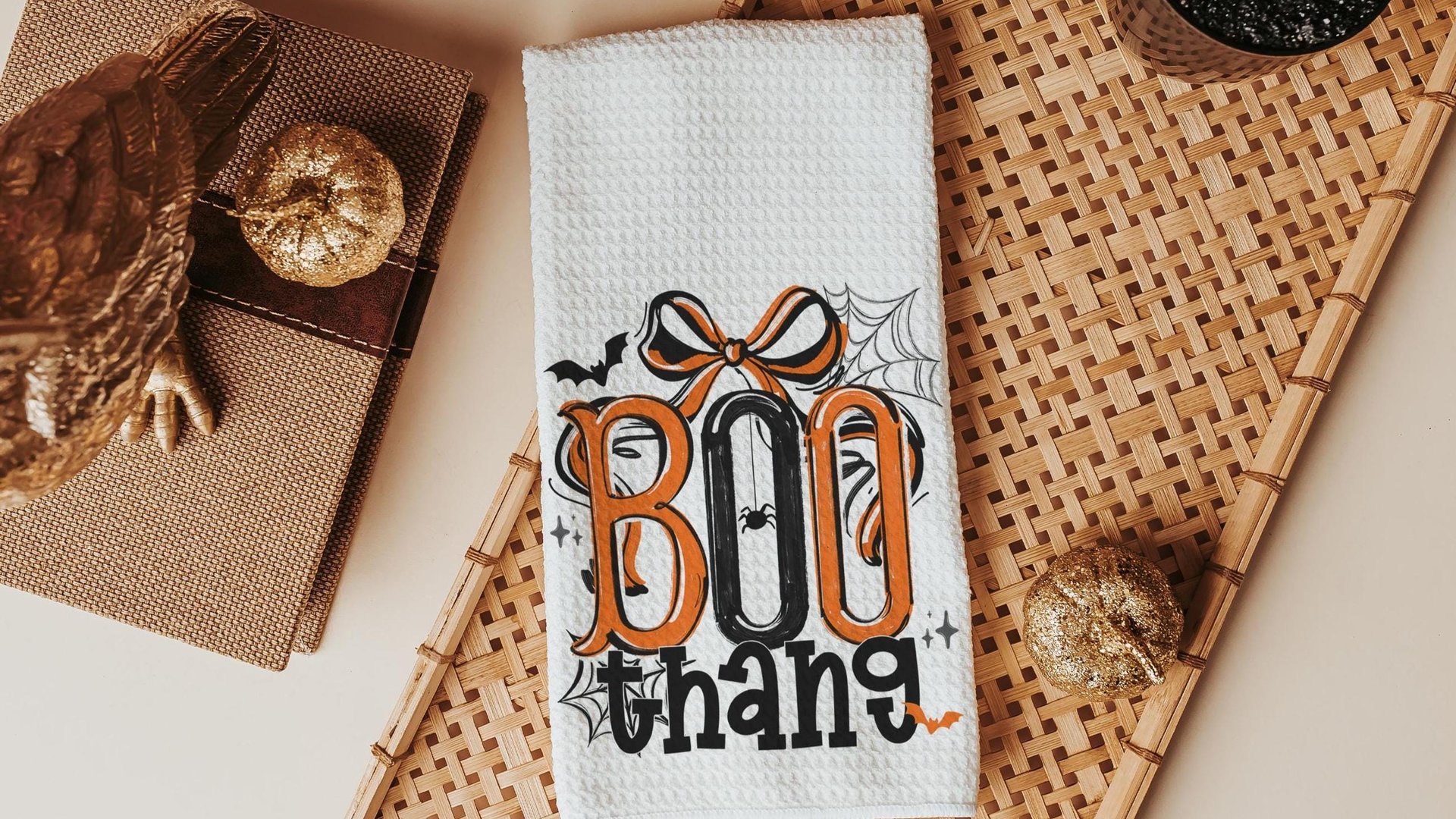 boo thang funny Halloween throw pillows for chair, boo basket stuffers for adults, Halloween coquette kitchen towels, spooky season gifts