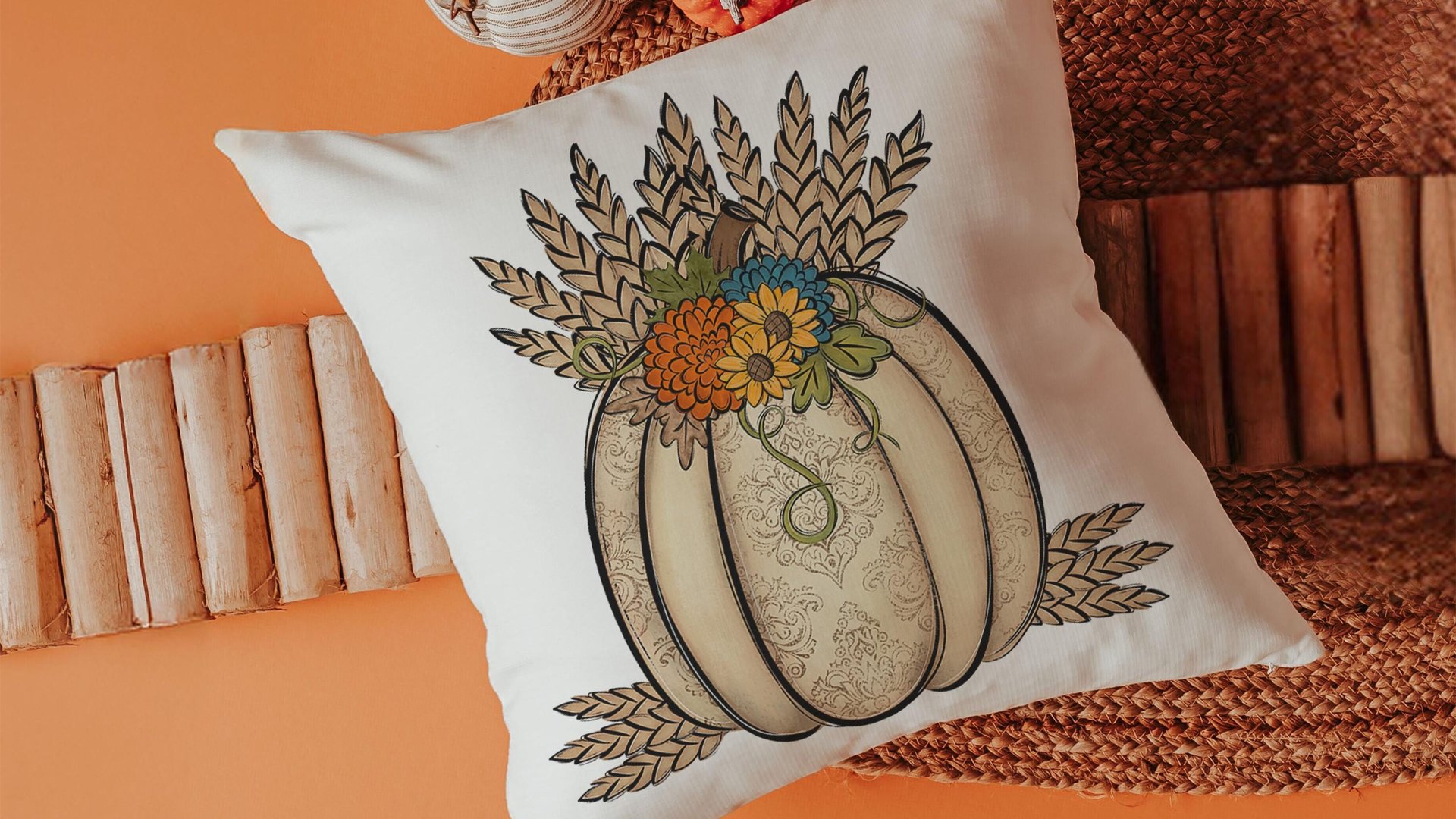 wheat pumpkin decorative pillows for couch, sunflower pumpkin kitchen towels, harvest decor, Thanksgiving hosting gift, pumpkin season gifts