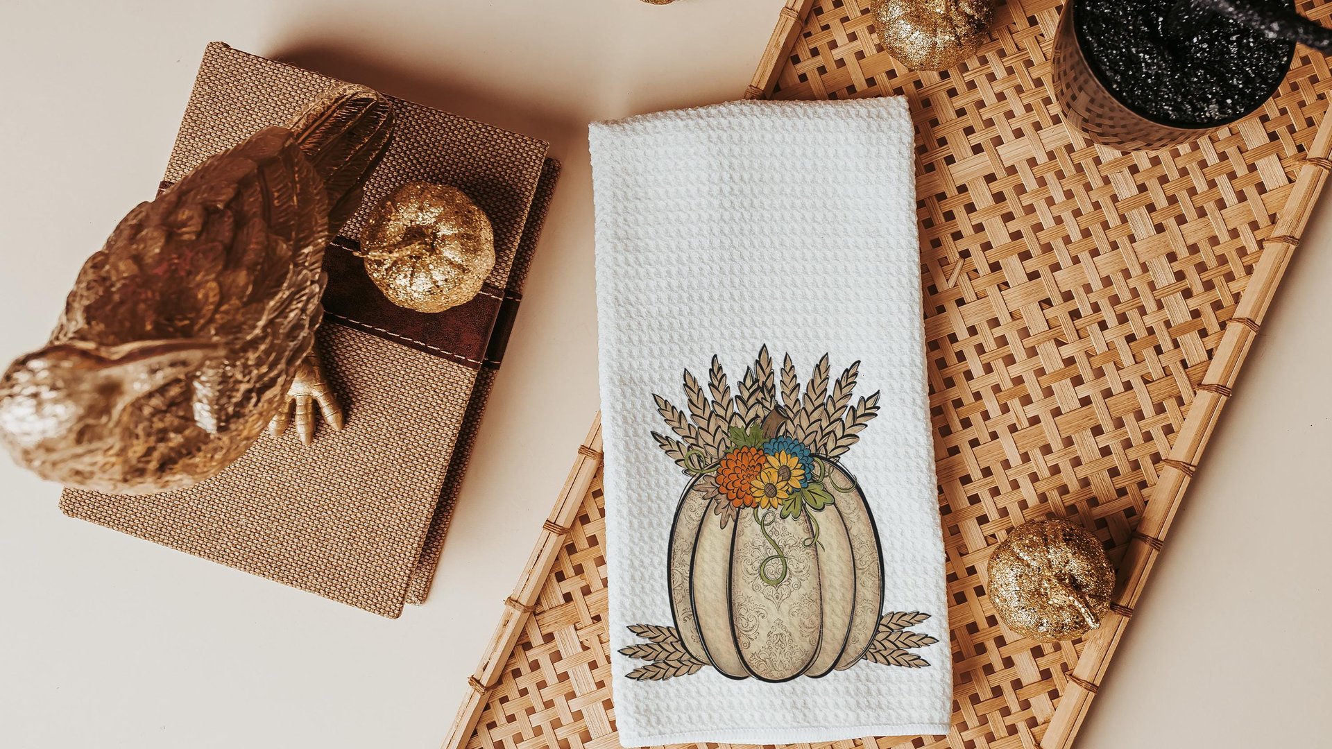 wheat pumpkin decorative pillows for couch, sunflower pumpkin kitchen towels, harvest decor, Thanksgiving hosting gift, pumpkin season gifts