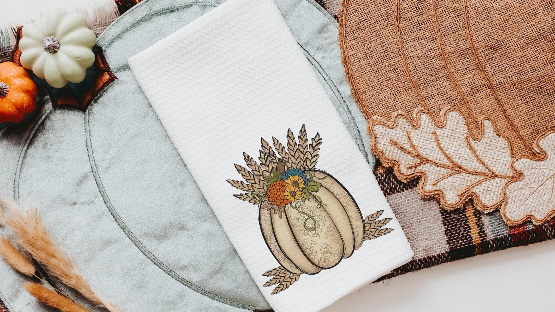 wheat pumpkin decorative pillows for couch, sunflower pumpkin kitchen towels, harvest decor, Thanksgiving hosting gift, pumpkin season gifts